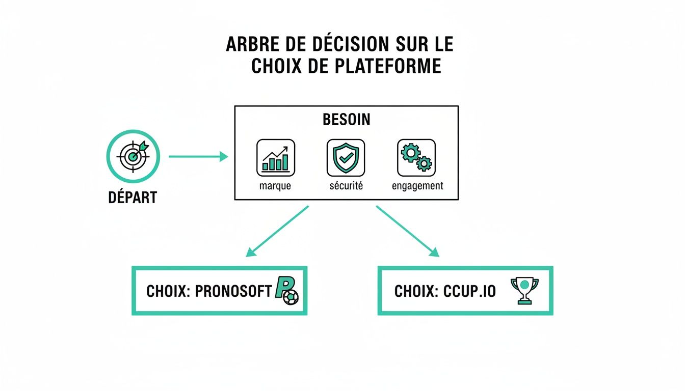 Decision tree illustrating the choice of a platform between Pronosoft and CCUP.io according to needs (brand, security, engagement).