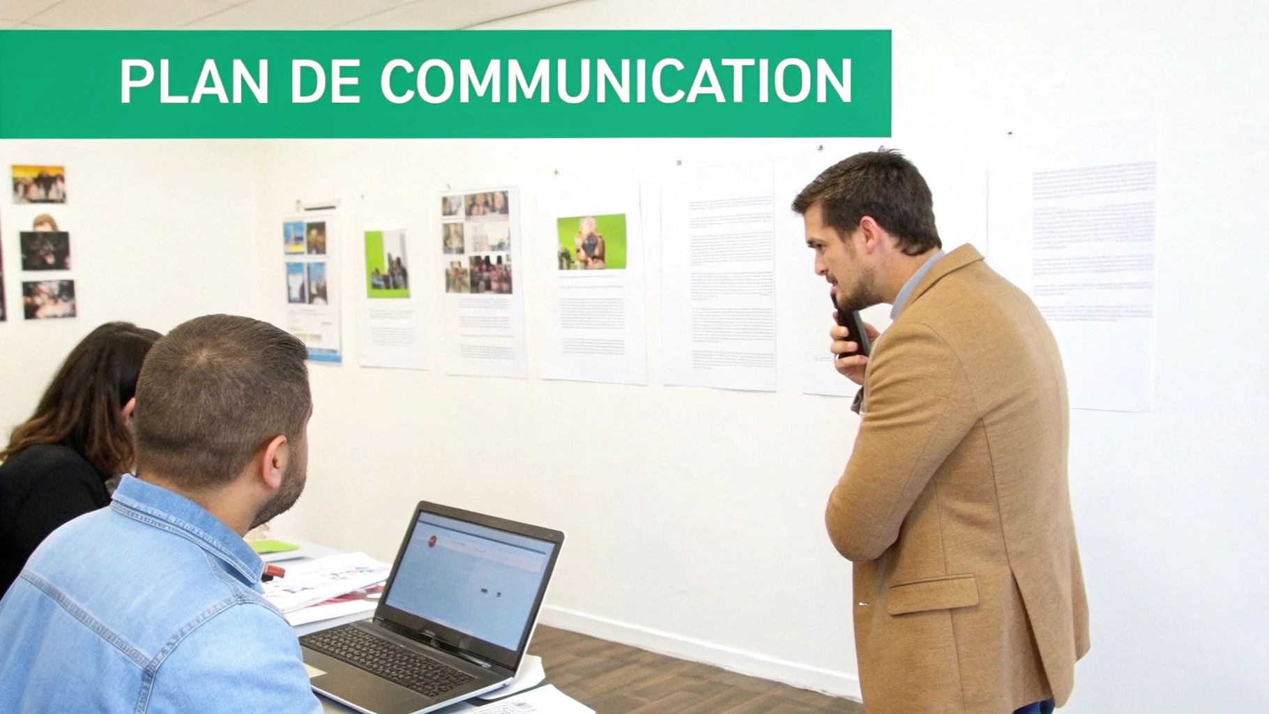 Professionals discussing a communication plan, with documents displayed on the wall and a laptop on a desk.