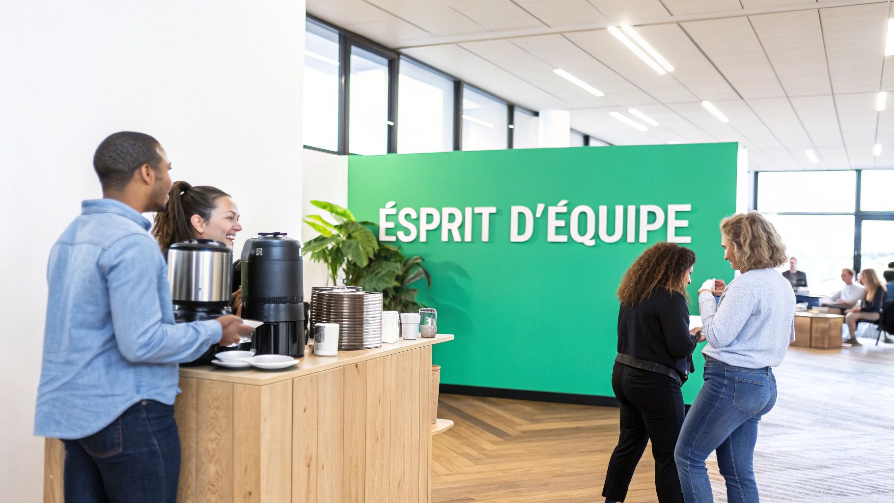 Employees having coffee and discussing in a modern office with a green wall displaying 'Team Spirit'.