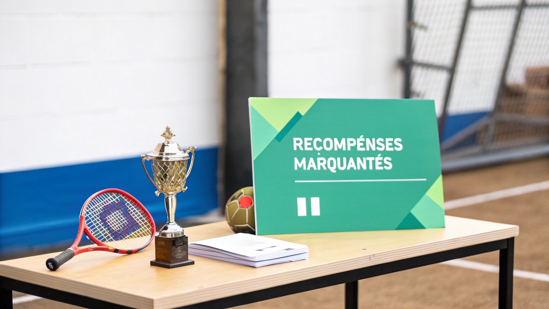 Table avec trophée doré, raquette de tennis, ballon et panneau vert 'RÉCOMPENSES MARQUANTES' sur une table en bois.