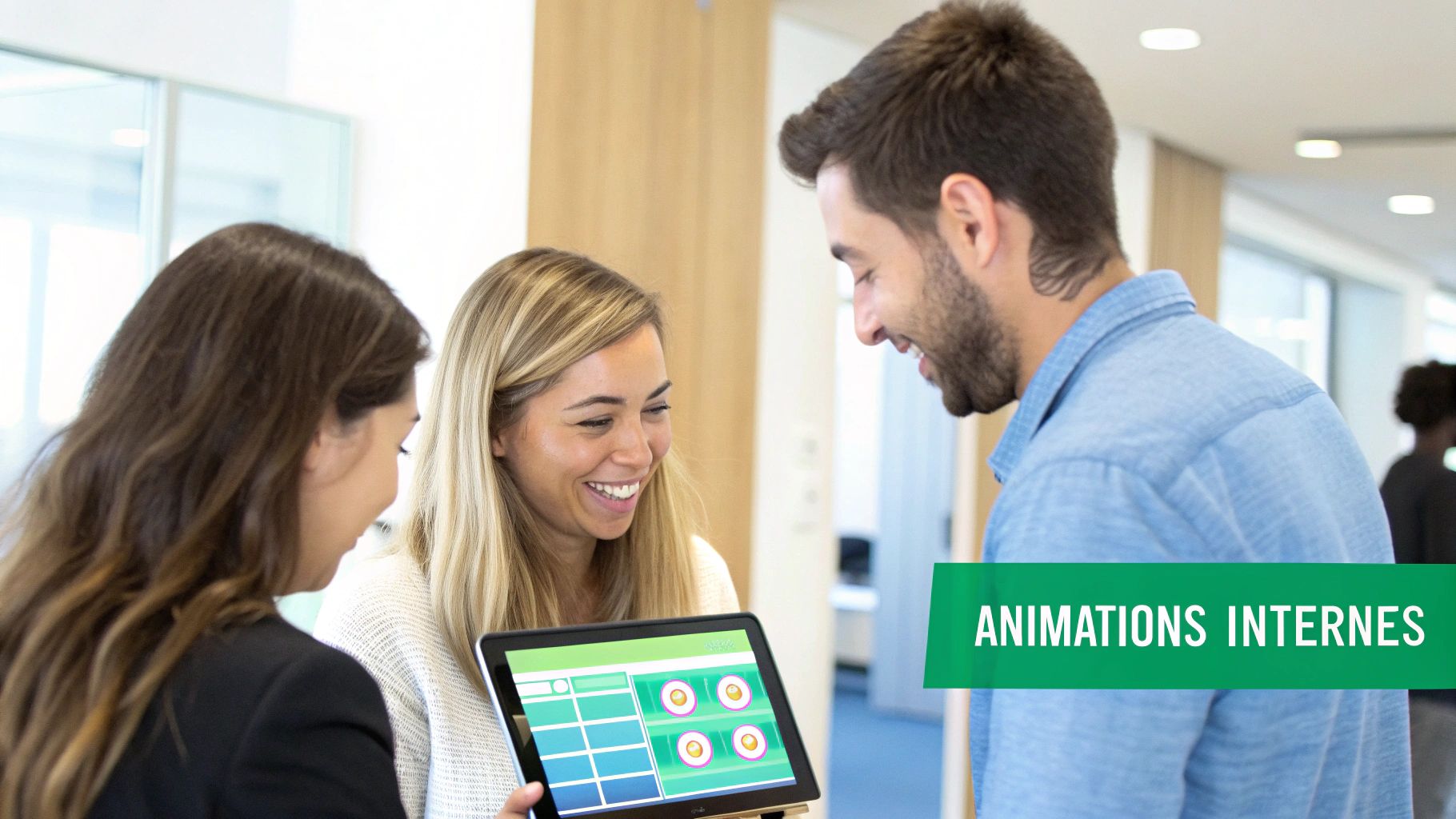 Three young smiling colleagues interacting around a tablet in a modern office, showing the screen with a game interface.