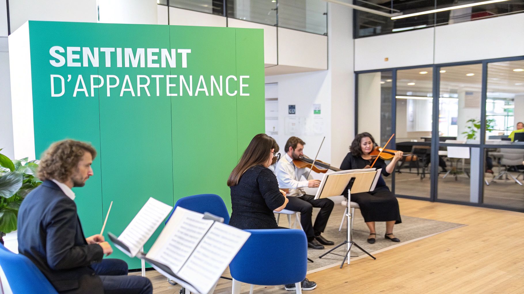 Quatuor à cordes jouant dans un bureau moderne devant un panneau "Sentiment d'Appartenance".