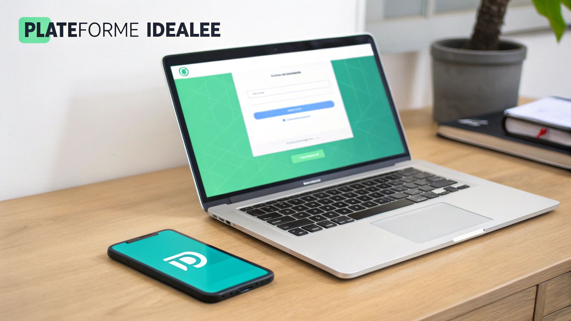 Ordinateur portable et smartphone sur un bureau en bois, affichant un écran de connexion vert avec le logo "PLATEFORME IDEALEE".