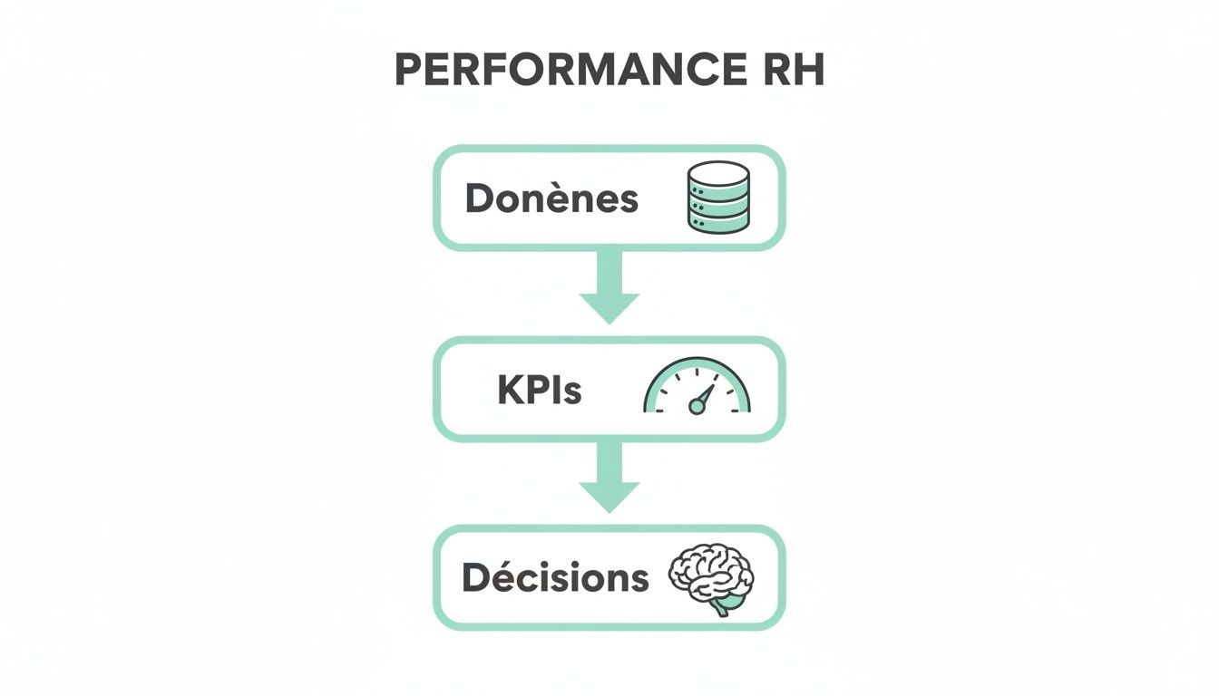 Diagramme montrant le flux de performance RH : des données aux KPIs et aux décisions stratégiques.