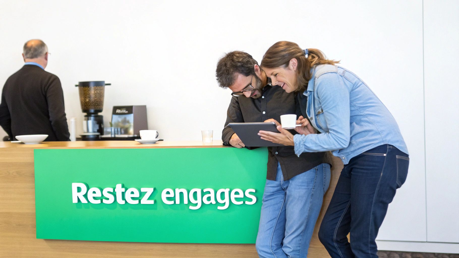 Deux personnes souriantes regardent une tablette, une tasse de café à la main, devant un comptoir vert avec l'inscription "Restez engages".