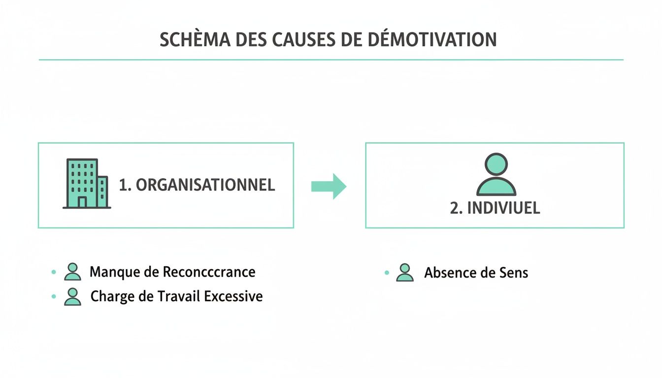 Schéma des causes de démotivation : facteurs organisationnels (manque de reconnaissance, charge excessive) et individuels (absence de sens).