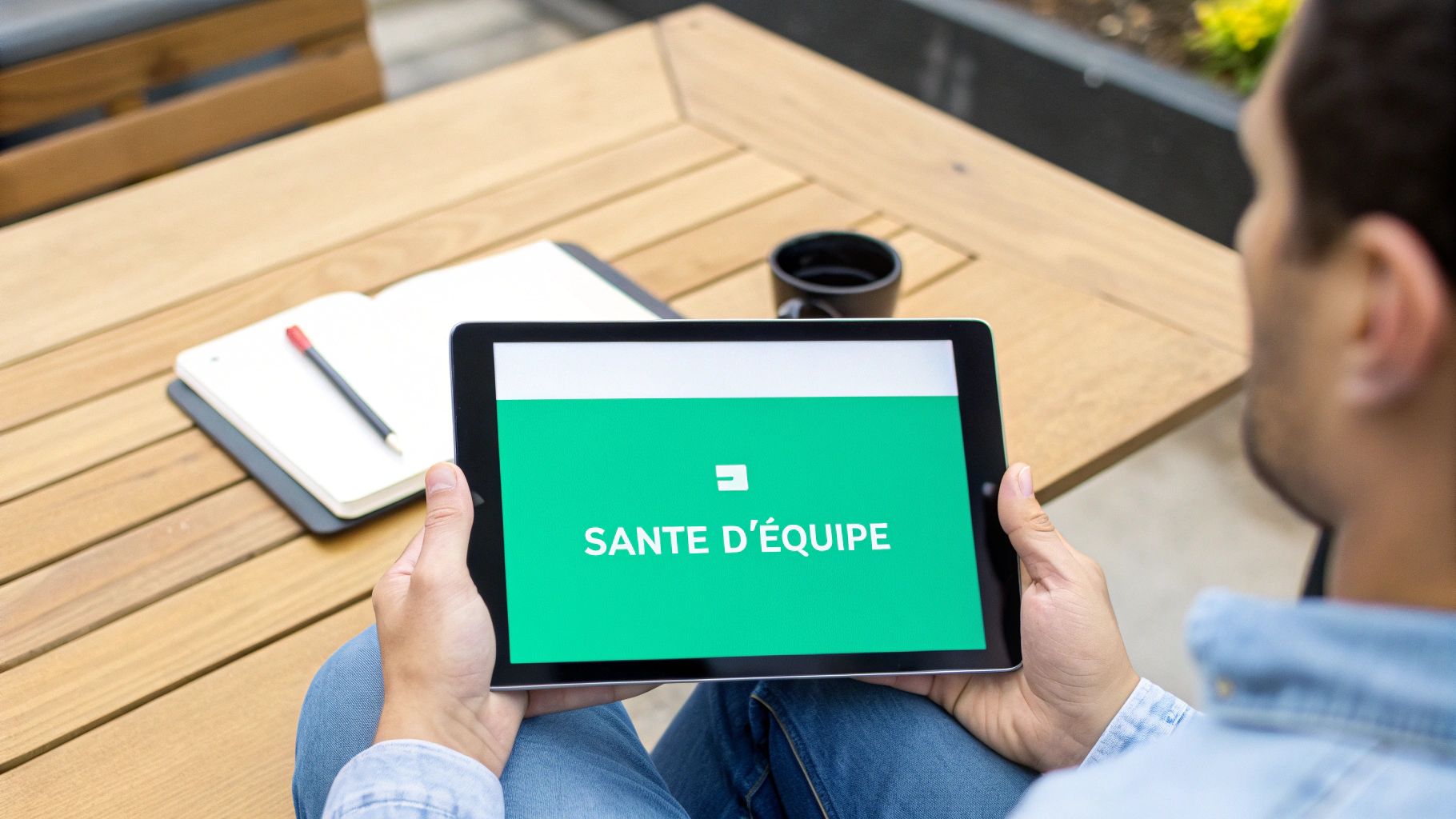 Personne tenant une tablette avec "SANTÉ D'ÉQUIPE" sur fond vert, sur une table en bois avec carnet.