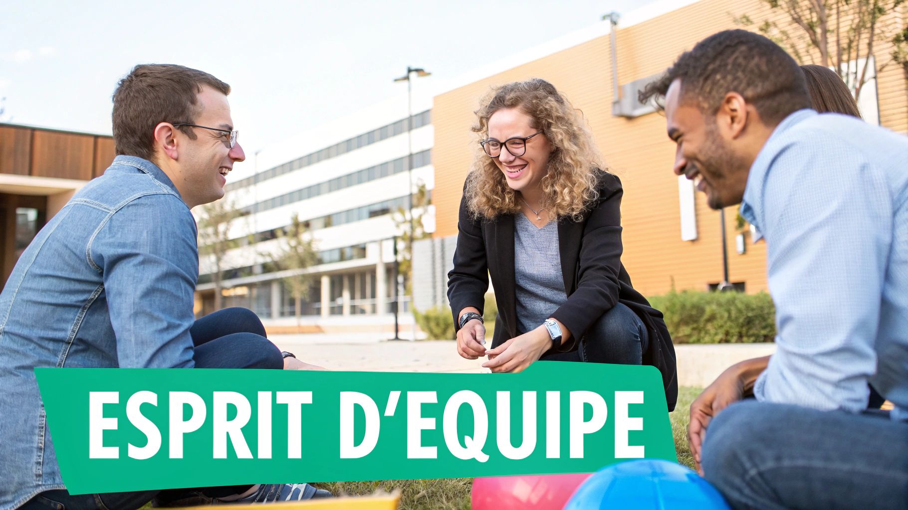 Three smiling colleagues, two men and a woman, joyfully discussing outside, symbolizing team spirit.