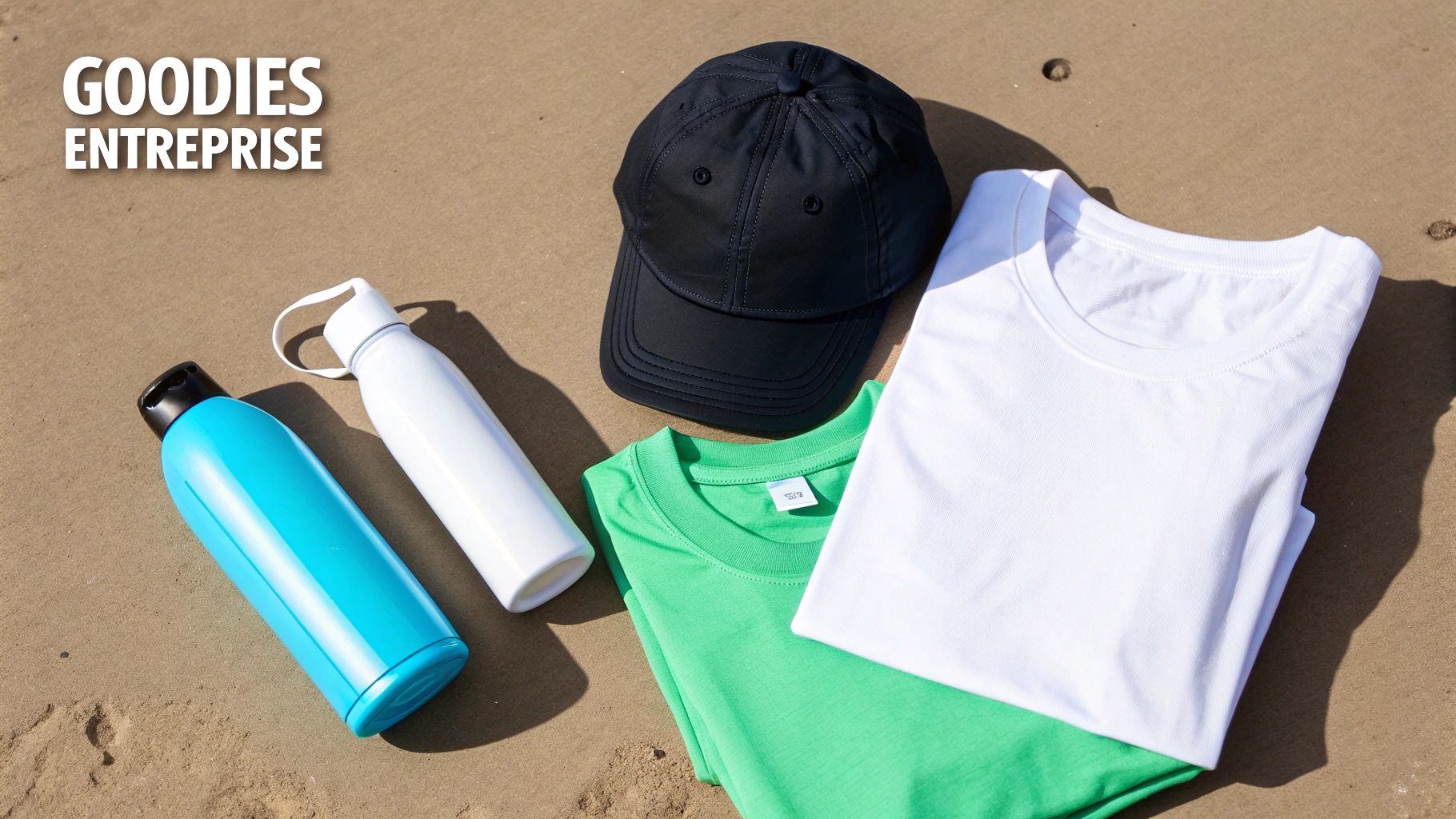 Assortment of company goodies: black cap, white and blue water bottles, white and green t-shirts on sand.