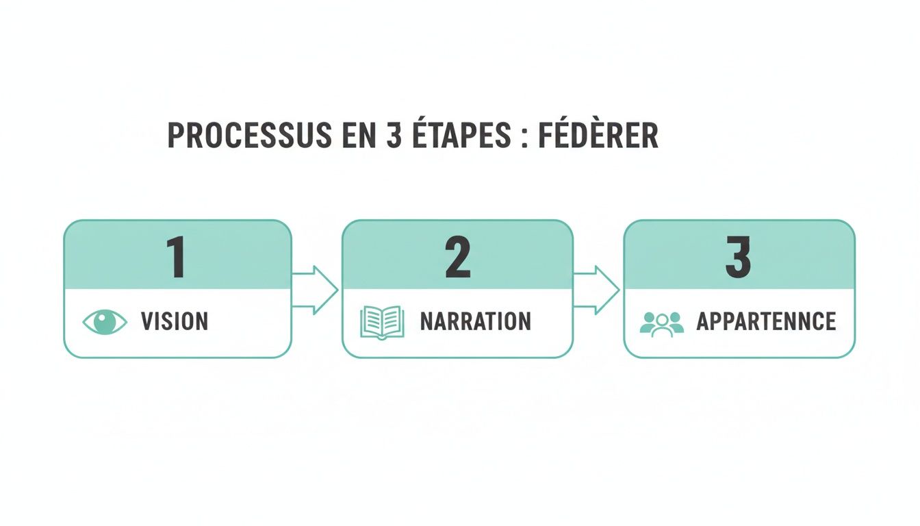 A 3-step process diagram for uniting: Vision, Storytelling, and Belonging, with descriptive icons.