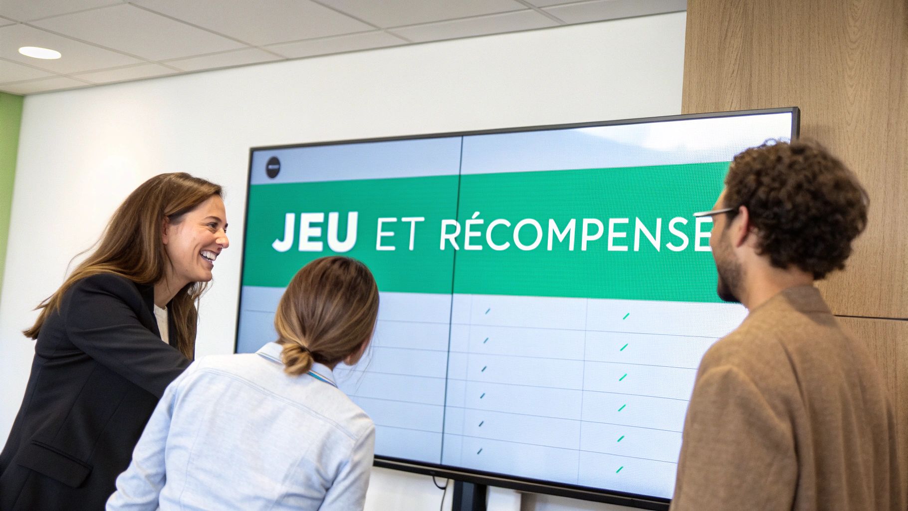 Trois collègues souriants interagissent devant un grand écran affichant « JEU ET RÉCOMPENSE » au bureau.