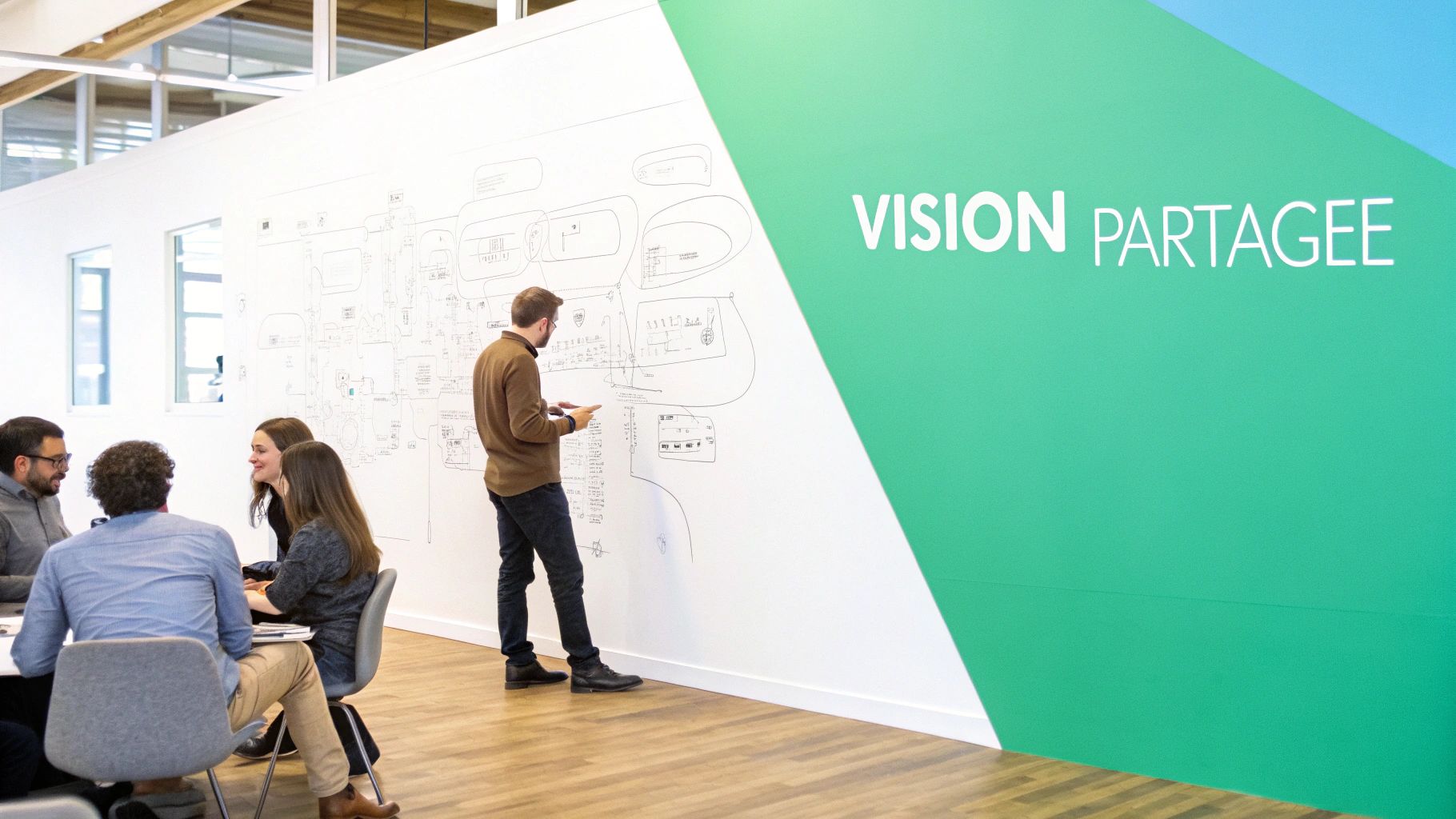 A group of people in a modern office collaborating. A man is writing on a whiteboard, others are discussing at a table. Green wall with 'SHARED VISION' text.