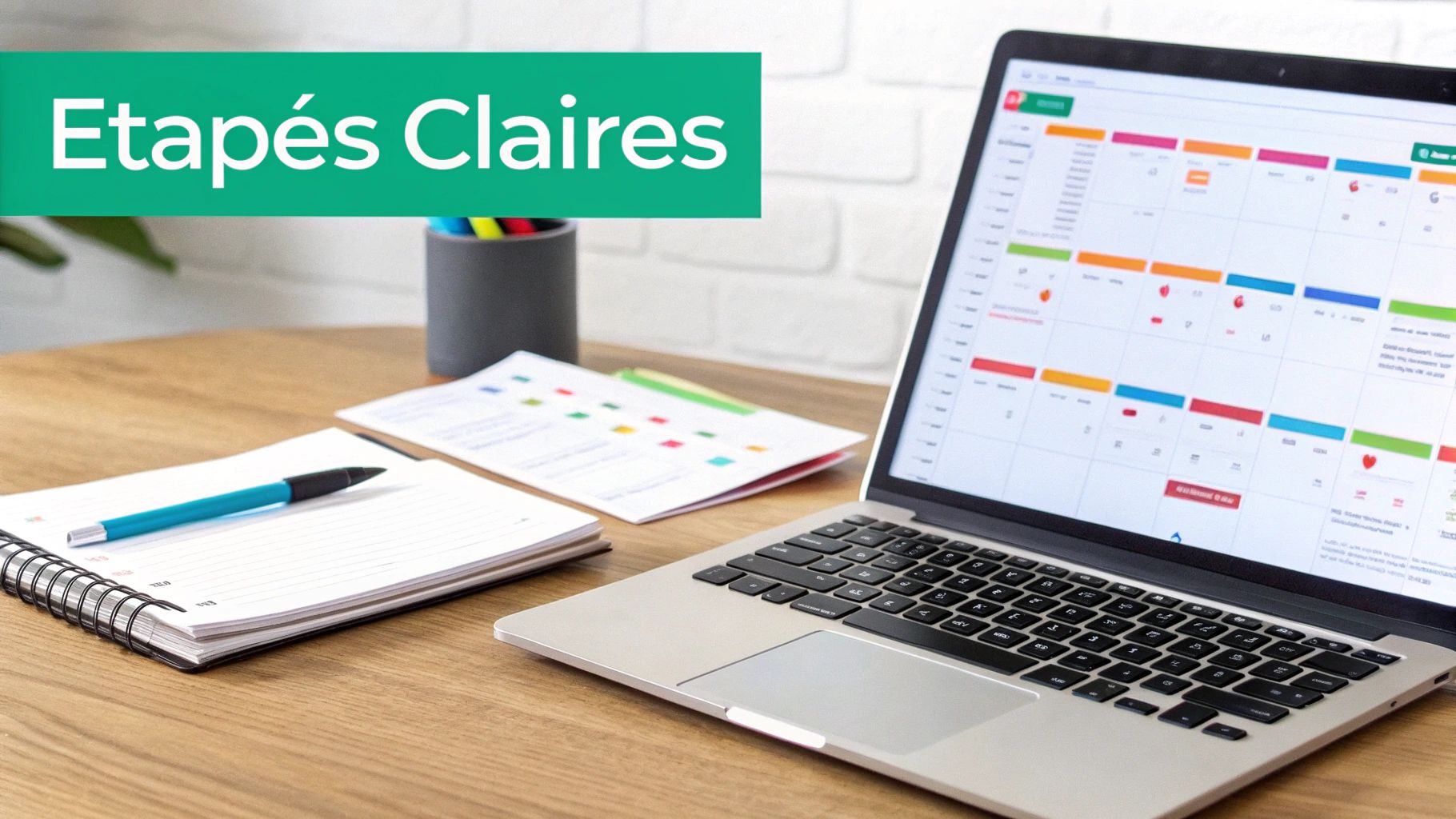 Un ordinateur portable affichant un calendrier numérique, un carnet avec un stylo et des documents sur un bureau en bois. Le texte "Etapés Claires" est également visible.