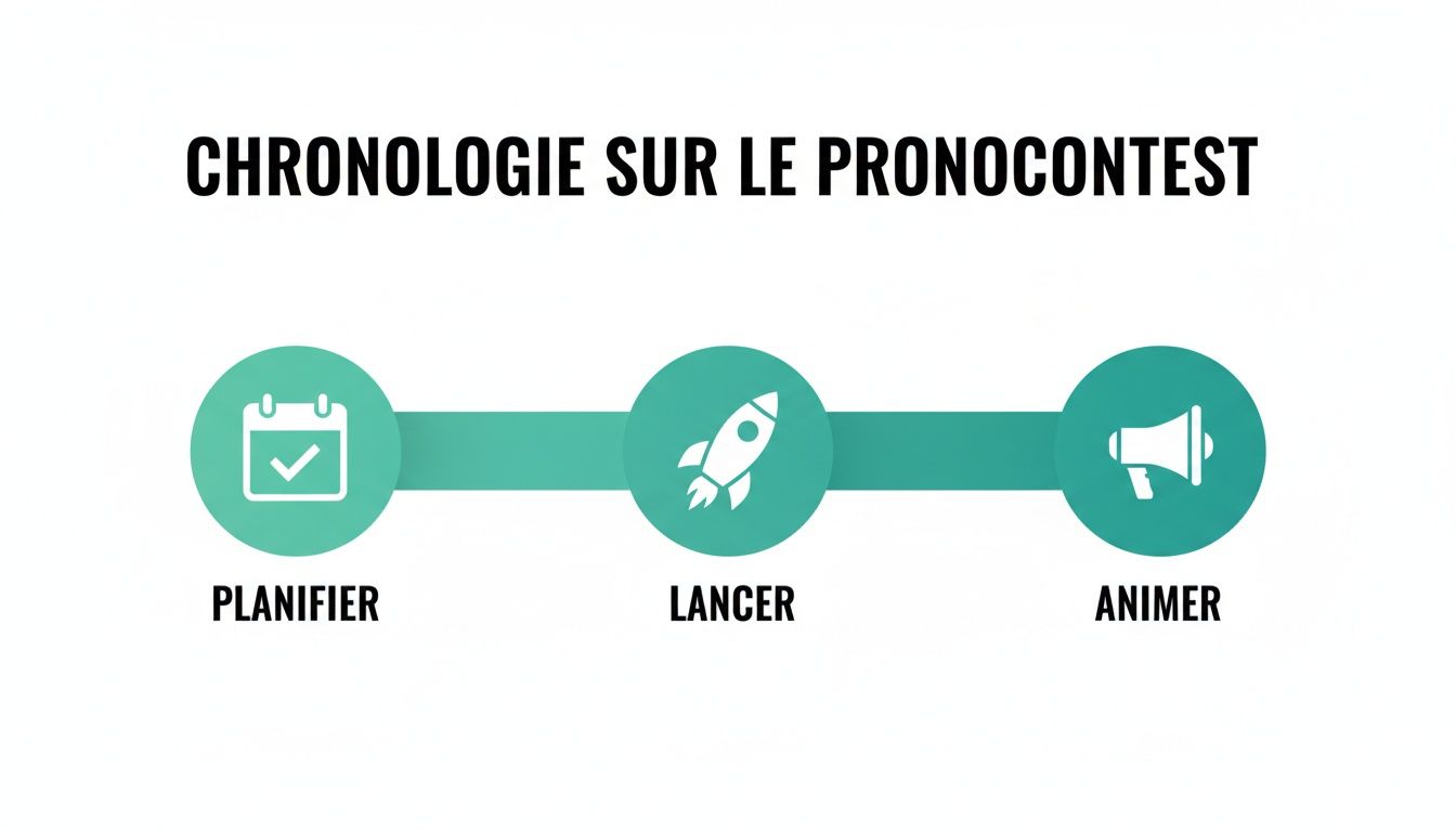 Chronologie du Pronocontest montrant trois étapes clés : Planifier (calendrier), Lancer (fusée) et Animer (porte-voix).