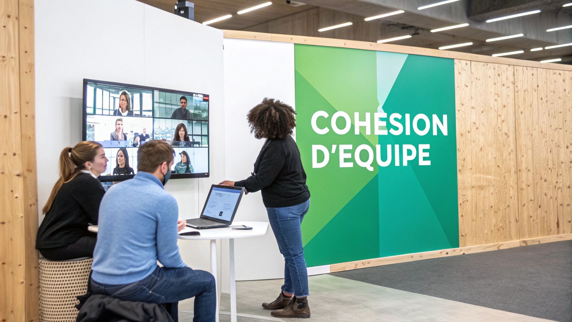 Une équipe participe à une réunion hybride, avec des membres en personne et en vidéoconférence, sous une bannière "COHÉSION D'ÉQUIPE".