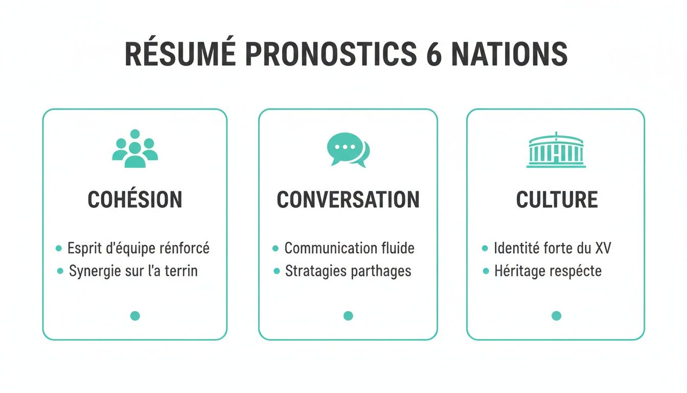 Résumé des pronostics du Tournoi des 6 Nations, détaillant les aspects de cohésion, conversation et culture pour la compétition.