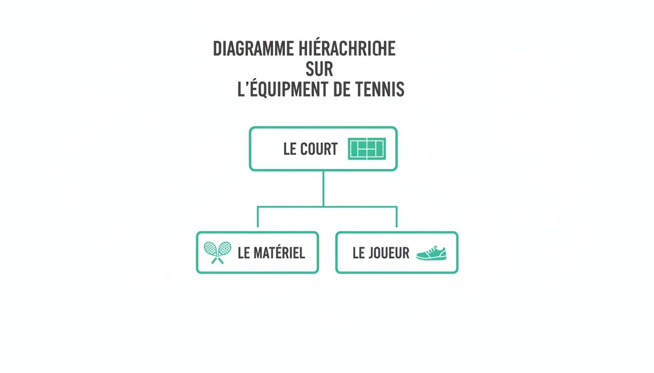 Diagramme hiérarchique illustrant l'organisation de l'équipement de tennis, incluant le court, le matériel et le joueur.