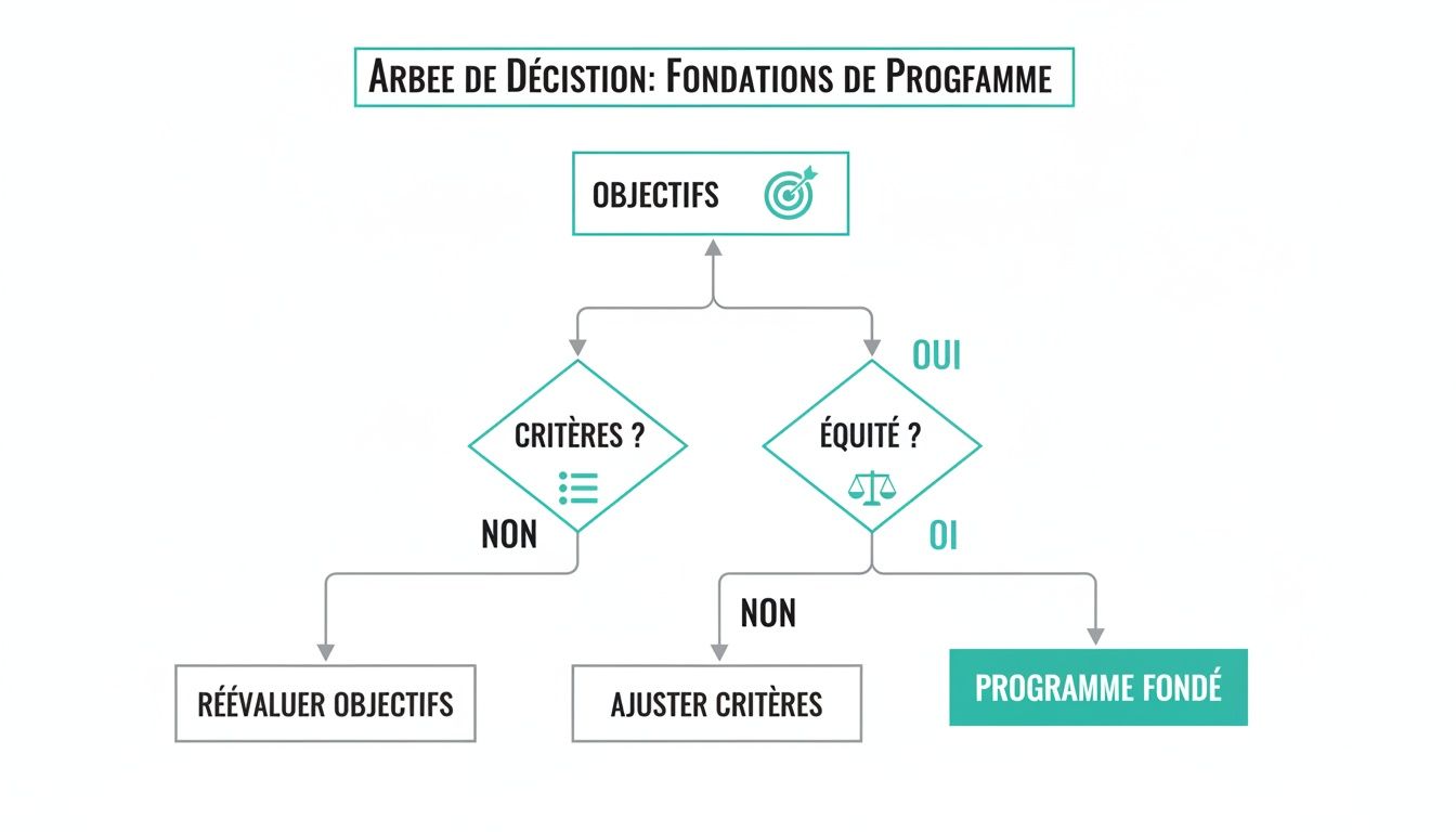 Schéma d'arbre de décision pour les fondations de programme, évaluant les objectifs, les critères et l'équité.
