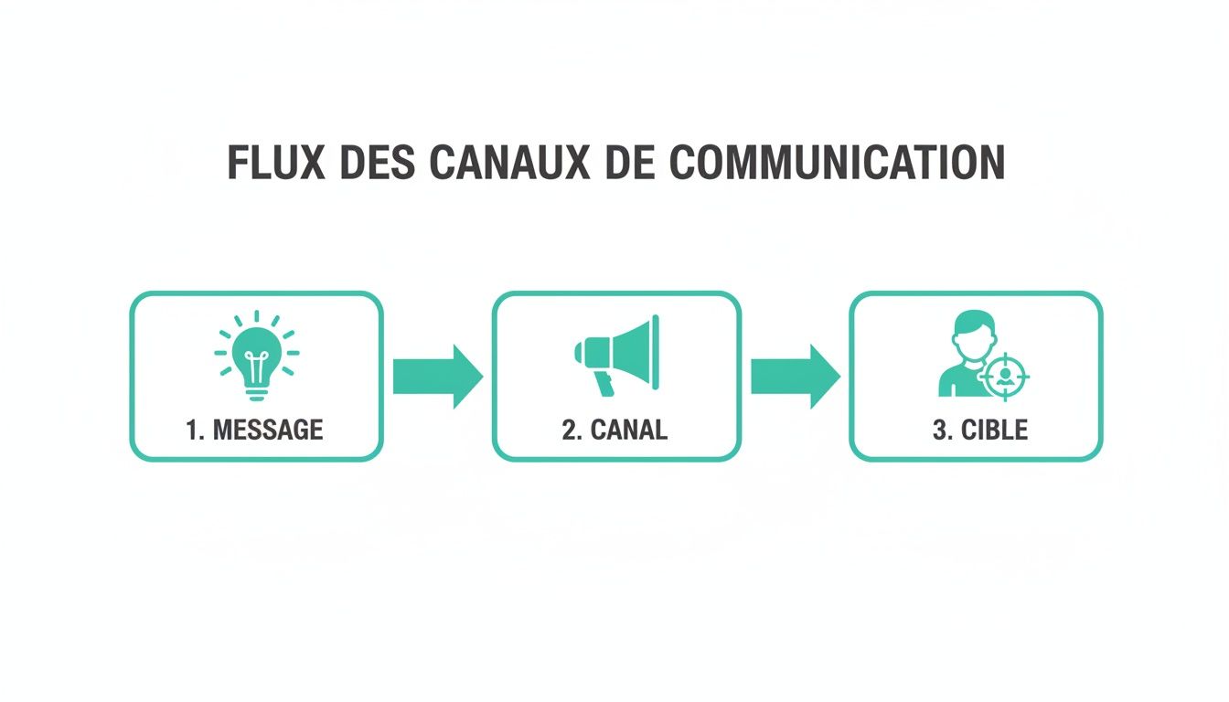 Schéma simple illustrant le flux des canaux de communication: message, canal et cible, avec des icônes descriptives.