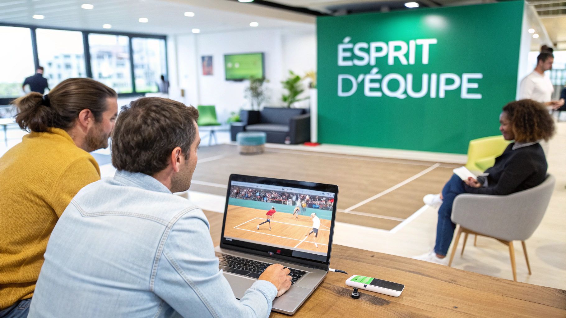Deux hommes regardent un jeu de tennis sur ordinateur portable dans un espace de travail moderne, avec la mention "Esprit d'Équipe".