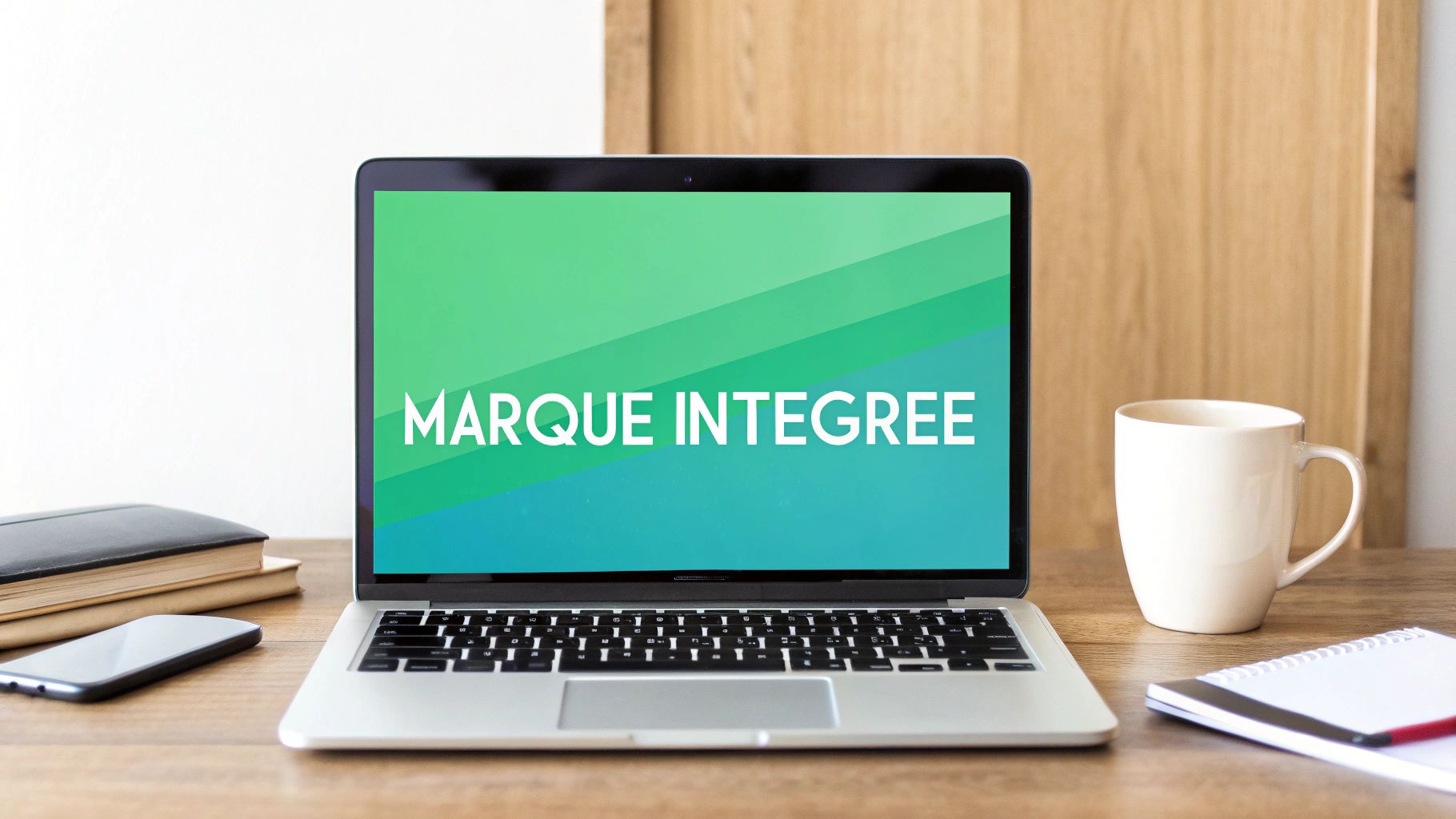 Un ordinateur portable sur un bureau en bois affichant le texte 'MARQUE INTEGREE', avec un téléphone, des livres et une tasse à café.