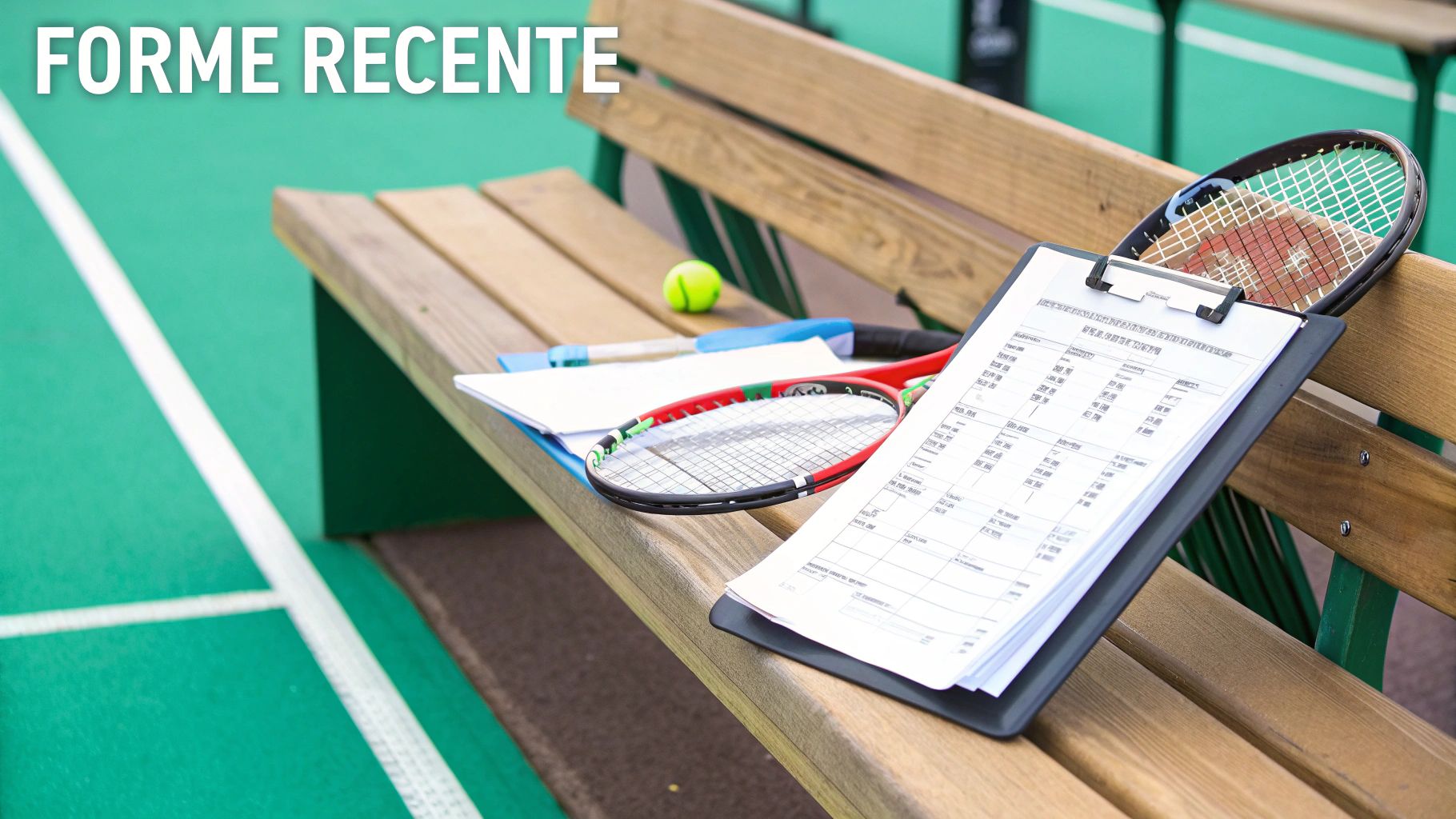 Équipement de tennis sur un banc de court, avec un tennis ball, une raquette, et le texte 'FORME RECENTE'.