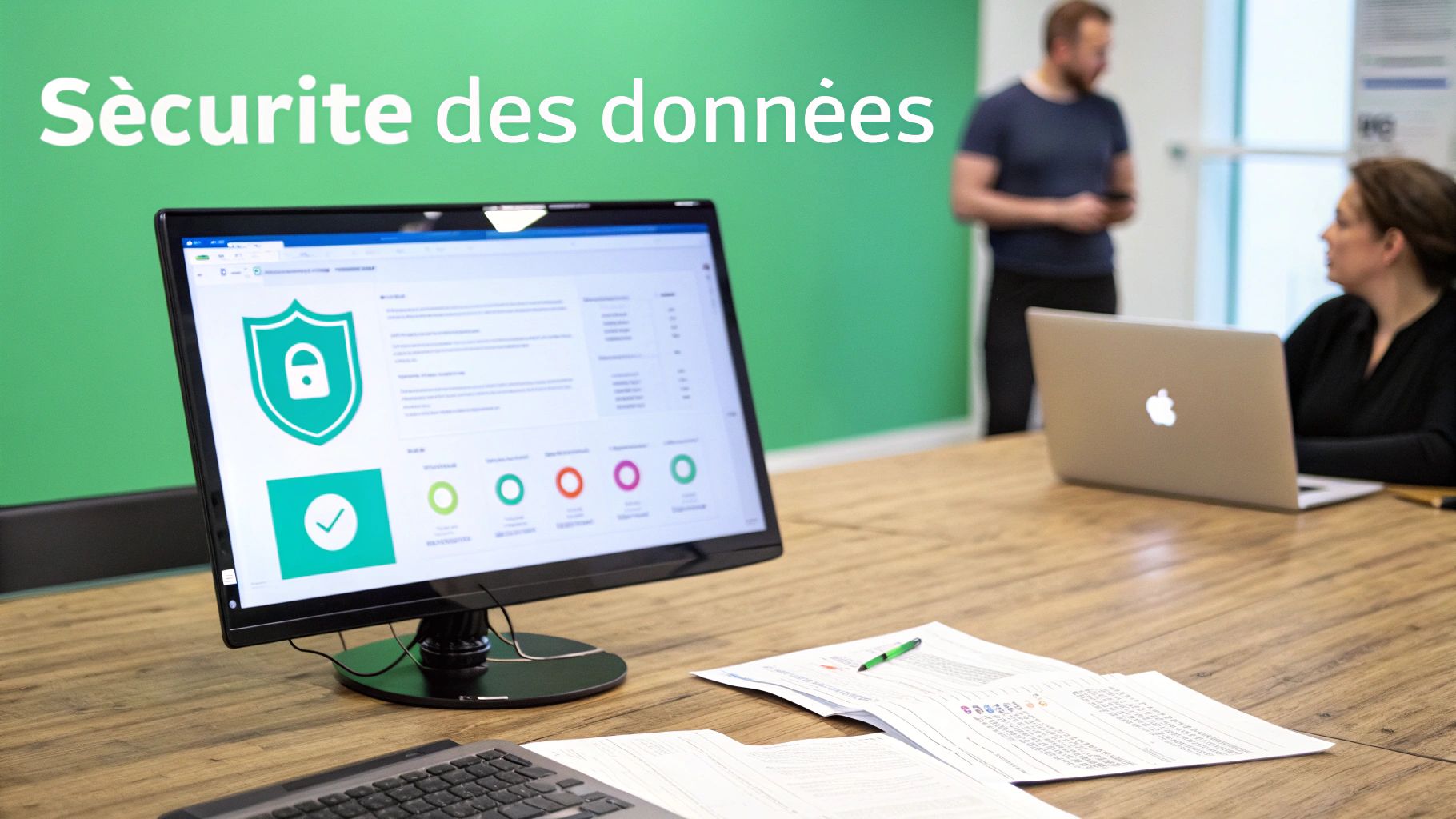 Computer screen displaying a data security dashboard with shield and lock, in a modern office with employees.