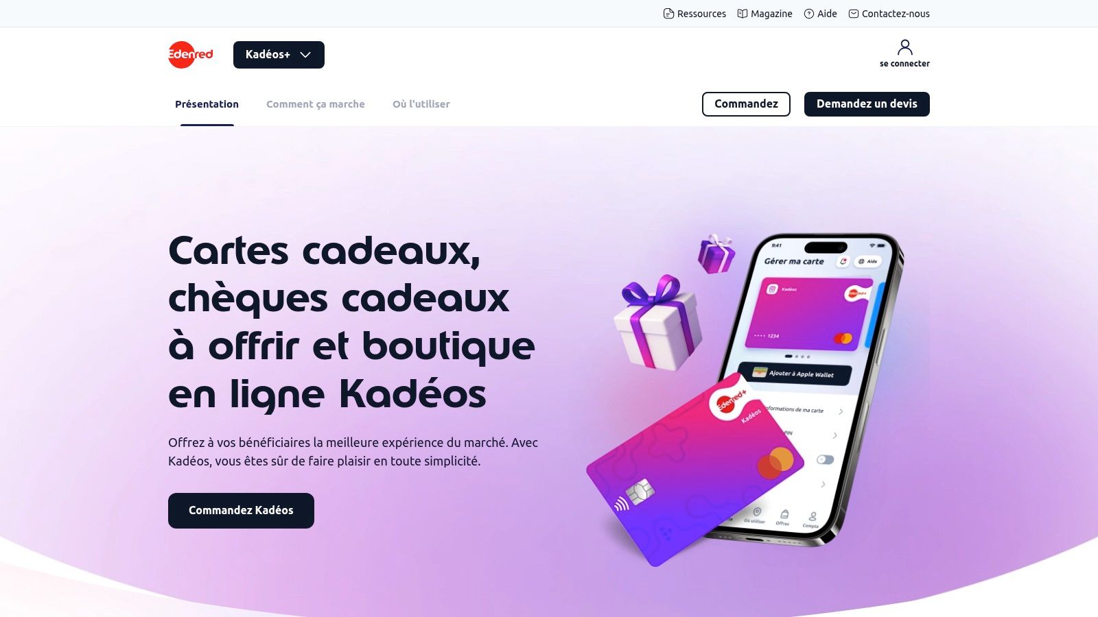 Plateforme Edenred Kadéos montrant les options de cartes cadeaux pour les entreprises