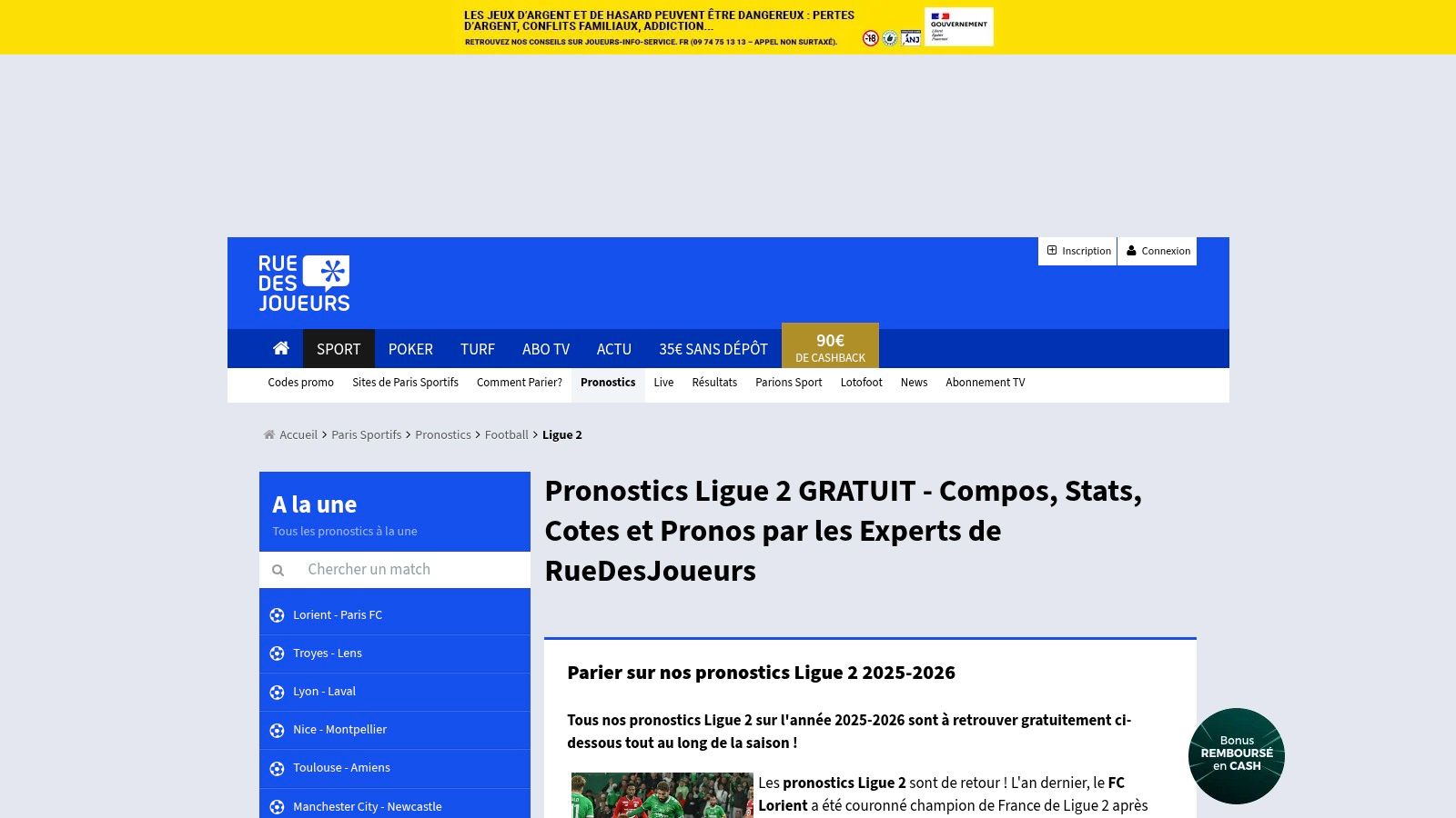 Interface du site RueDesJoueurs présentant les pronostics pour la Ligue 2