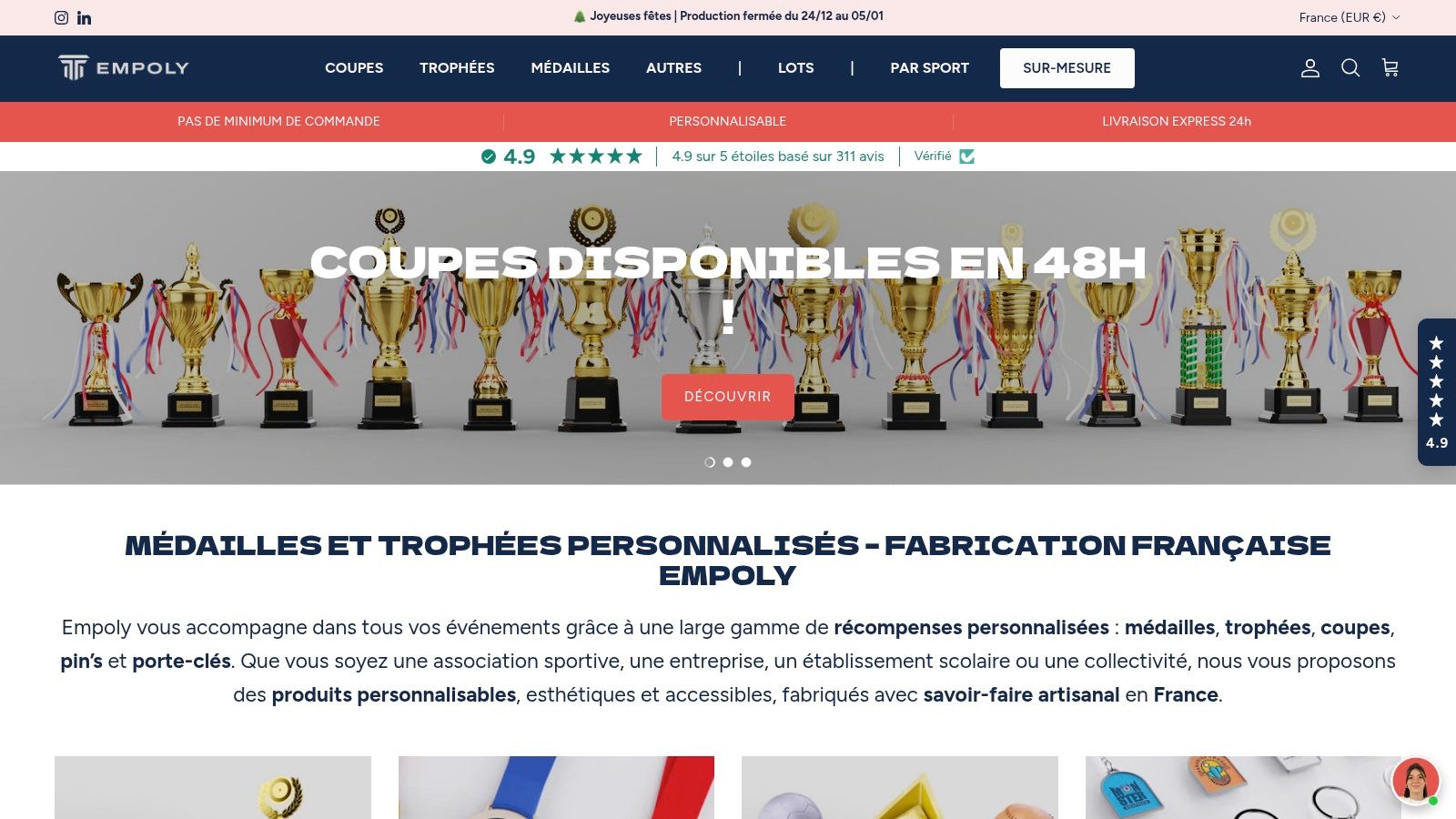 Exemples de trophées et médailles personnalisables proposés par OLYMPE