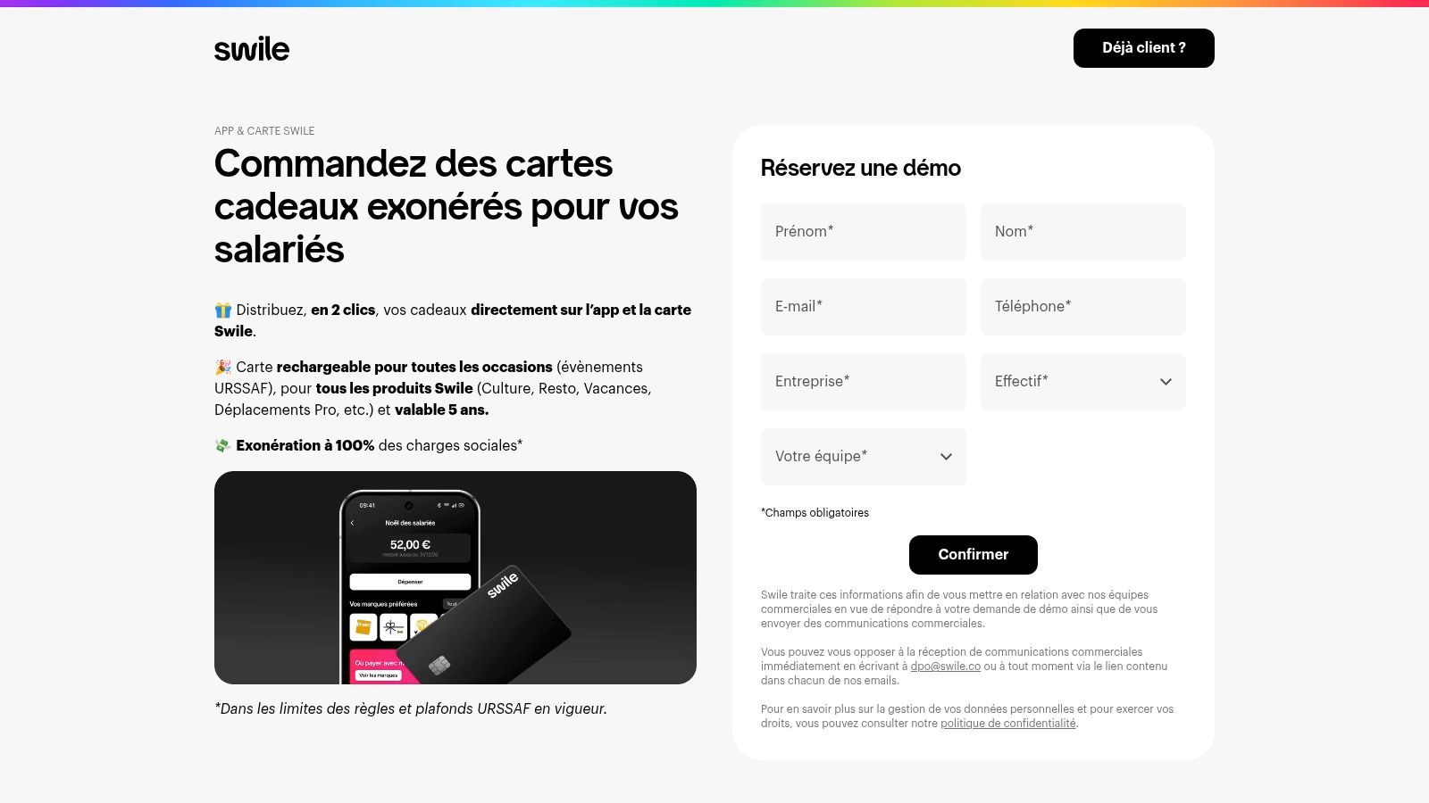 Interface de la plateforme Swile montrant les options de cartes cadeaux pour employés