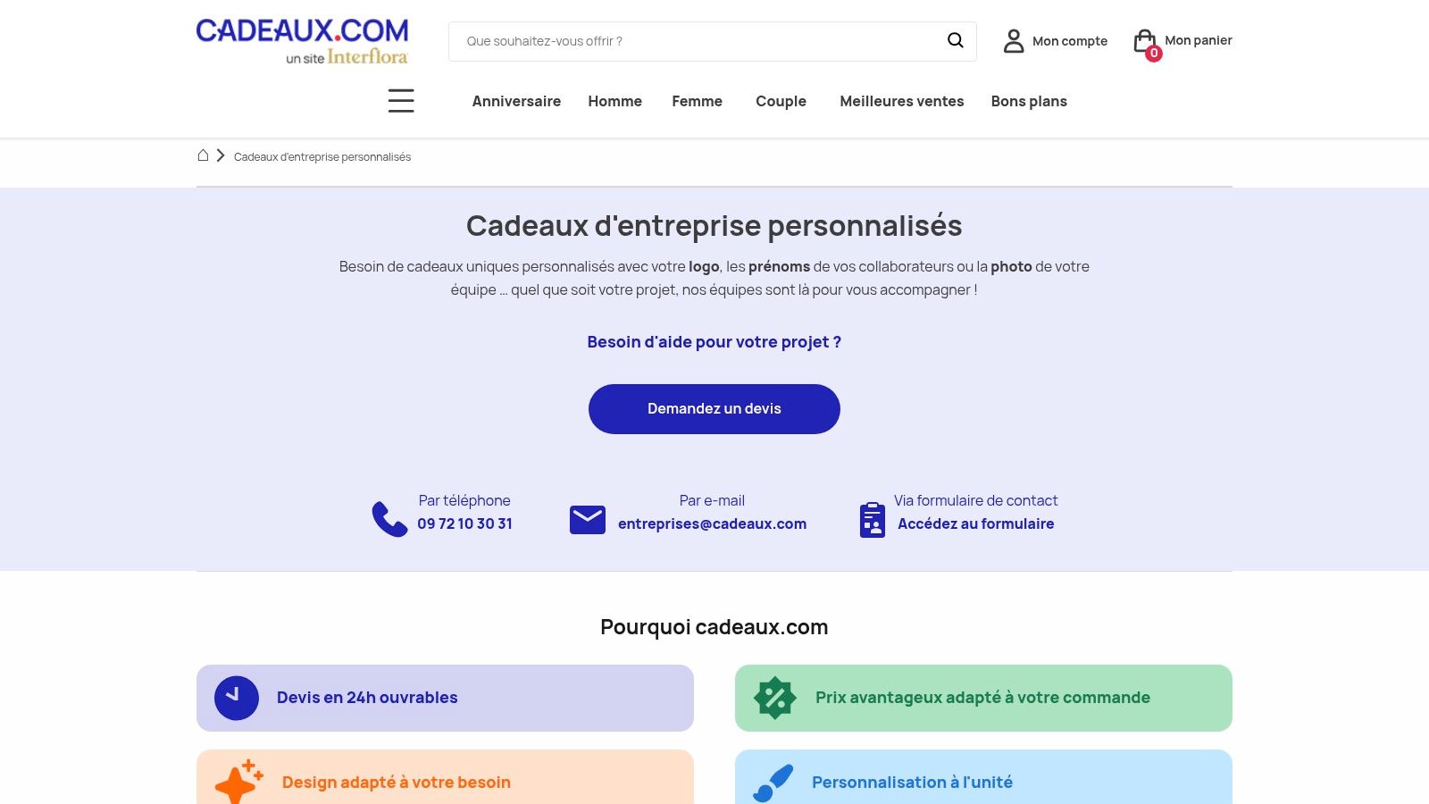 Interface du site Cadeaux.com montrant des options de cadeaux d'entreprise personnalisables