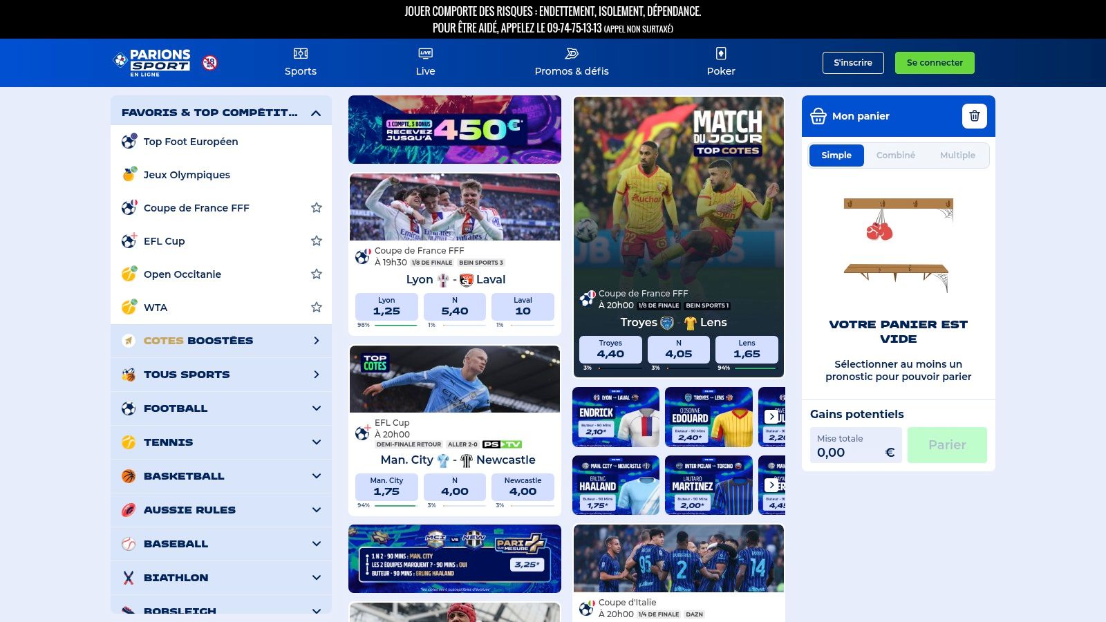 Interface de la plateforme ParionsSport en ligne pour les paris sur la Ligue 2