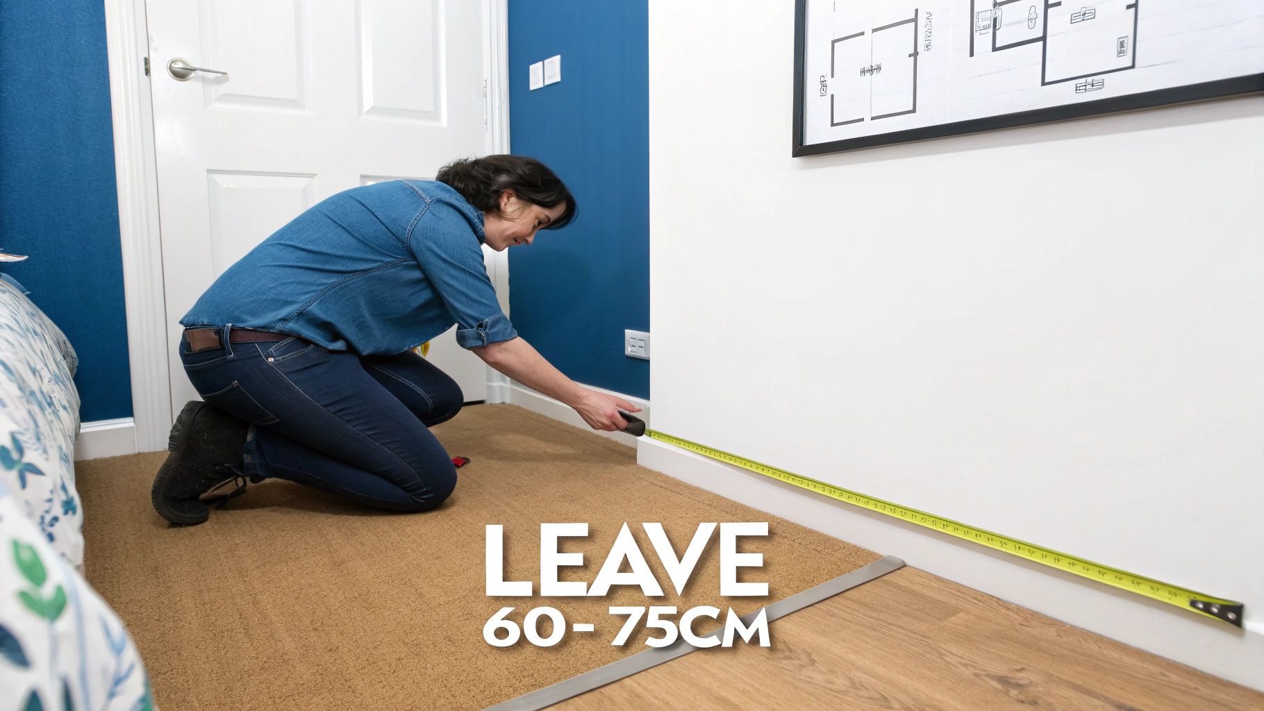 A person measuring a bedroom with a tape measure to plan for a new king size bed.