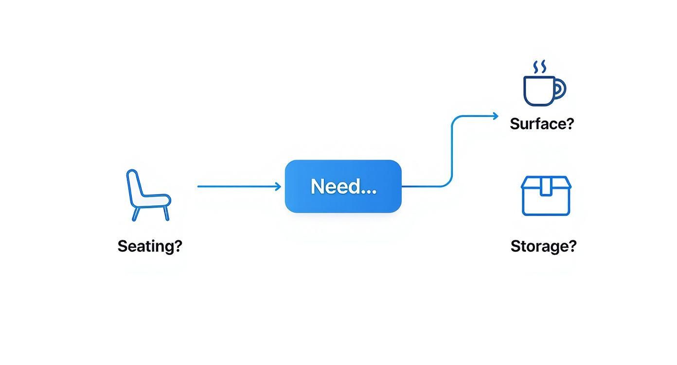 Decision flowchart showing furniture needs with options for seating, surface, and storage solutions