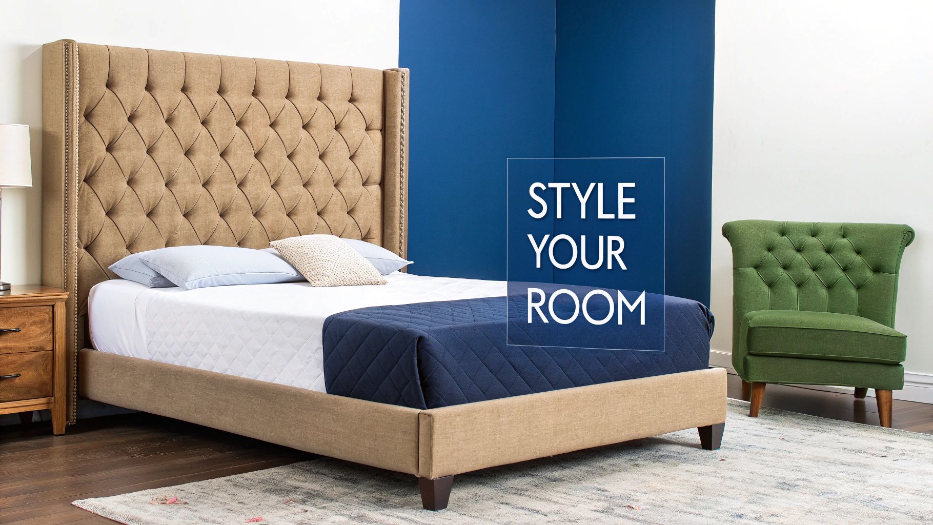 An elegantly styled bedroom featuring a queen upholstered bed frame with a plush headboard.