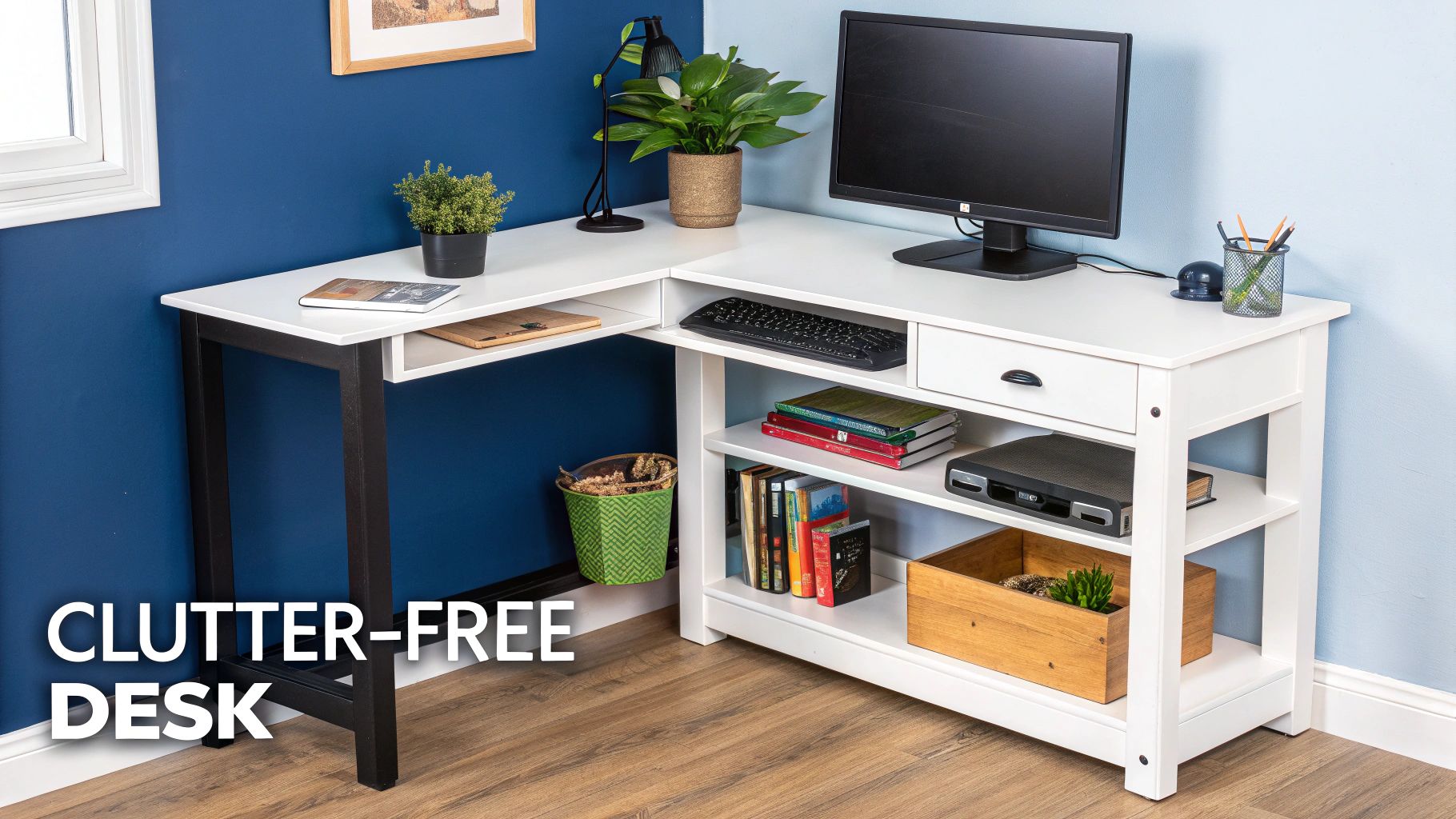 A modern, clutter-free home office corner desk with integrated storage solutions.