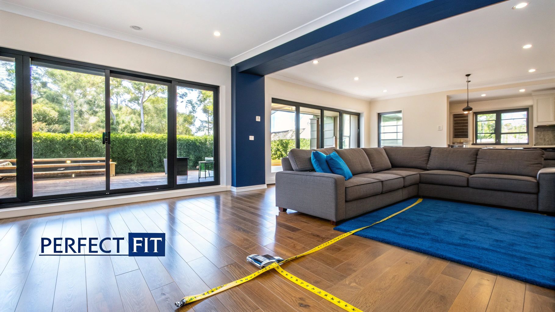 A measuring tape on the floor of a living room, planning for a new leather couch sectional.