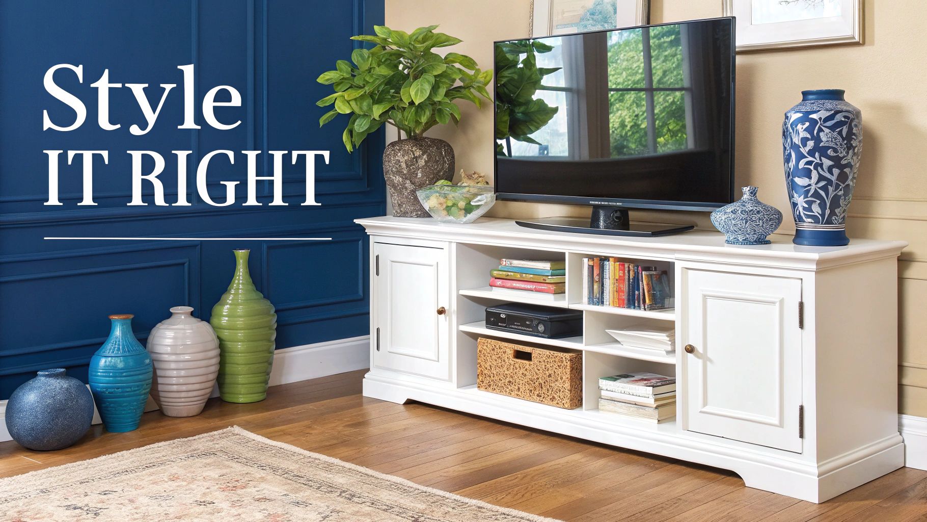 A beautifully styled corner entertainment unit featuring a mix of decor, plants, and books.
