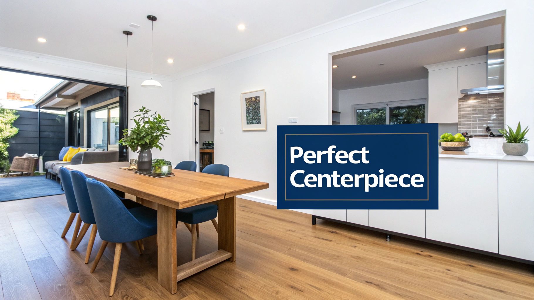 An inviting dining area with a long wooden table, blue chairs, and a connected outdoor space.