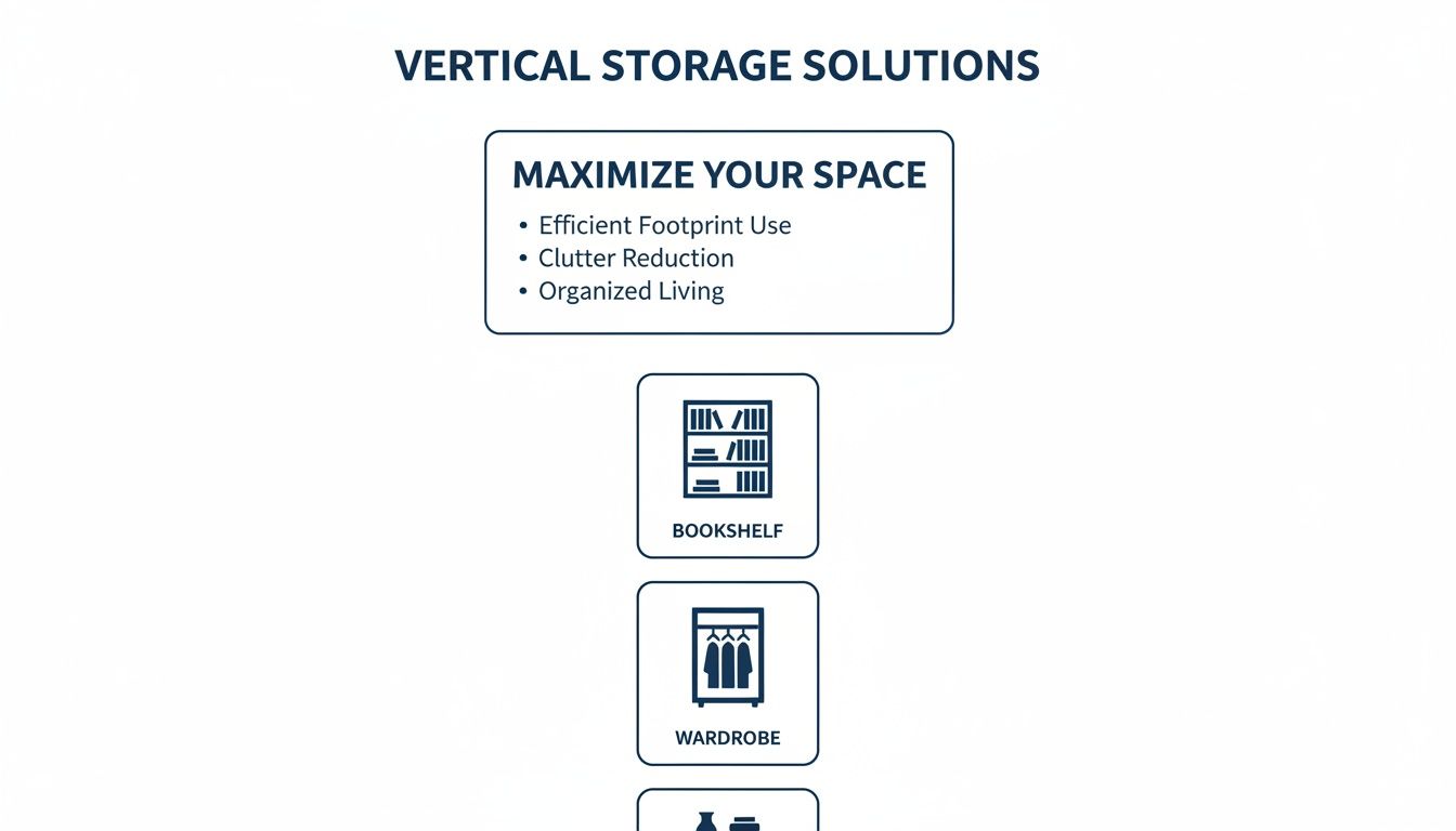 Infographic showcasing vertical storage solutions like bookshelves and wardrobes to maximize space and reduce clutter.
