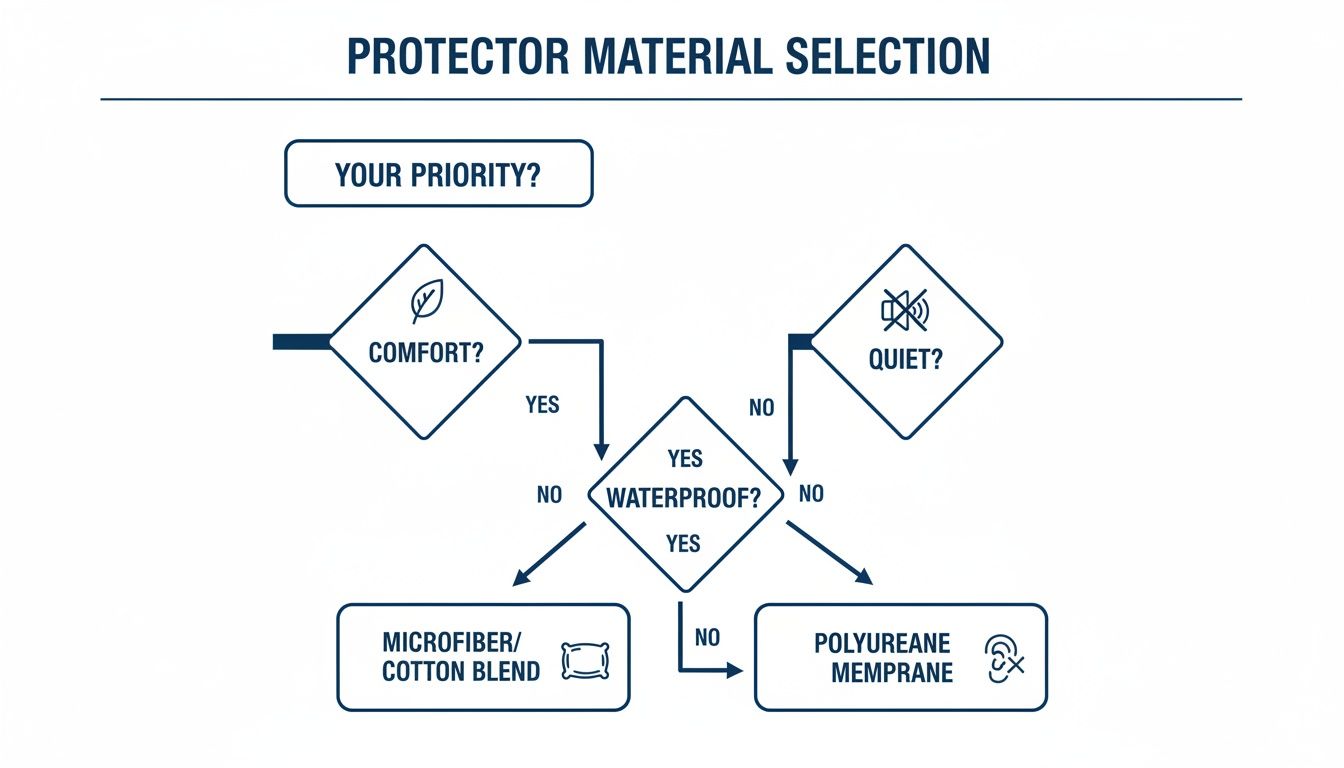 Flowchart guiding protector material selection based on comfort, quietness, and waterproof needs.