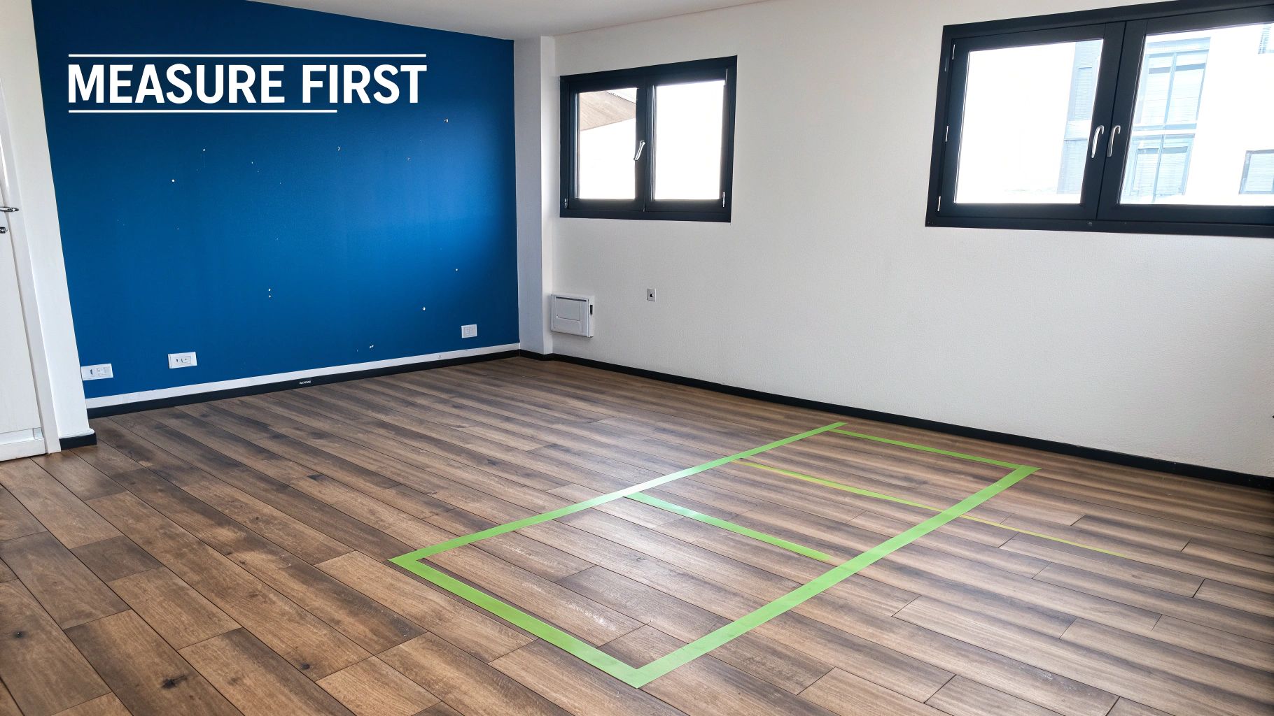 Empty room with a blue accent wall, wooden floor, and green tape outlining a planned furniture layout.