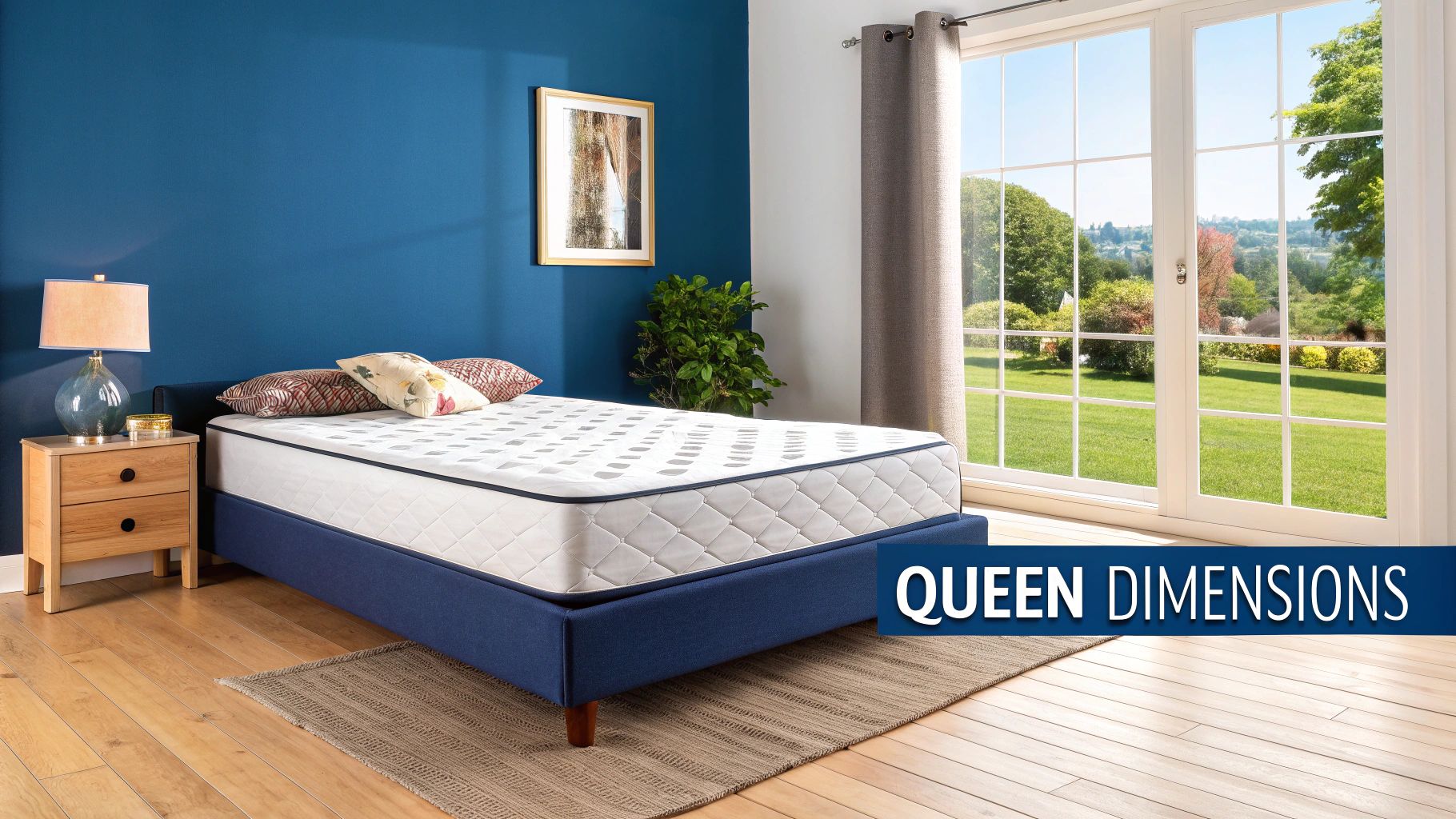 A stylish queen size bed in a modern, well-lit bedroom