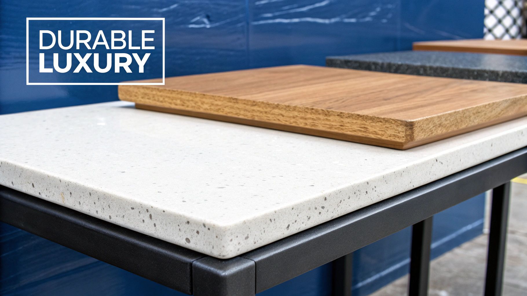 Samples of durable luxury countertops, including white speckled, wooden, and dark stone, displayed on black frames.