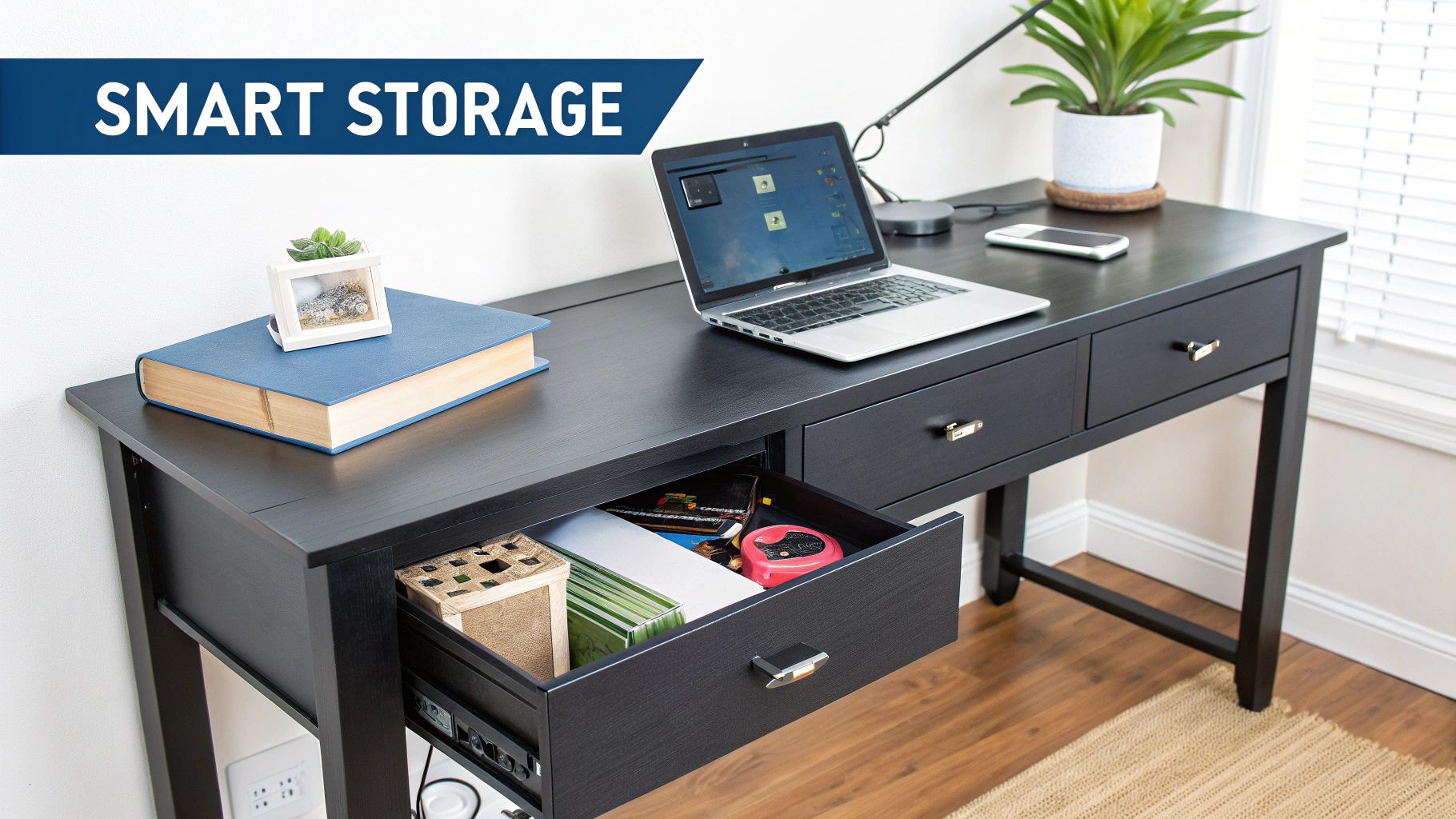 Black office desk with laptop, open drawer showing organized storage for files and office supplies