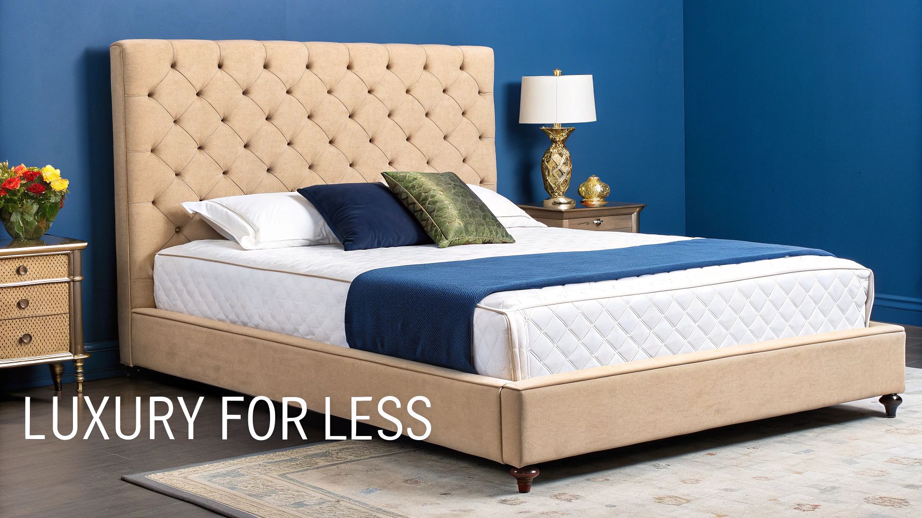 A luxurious beige tufted queen bed with blue and green pillows in a modern bedroom.