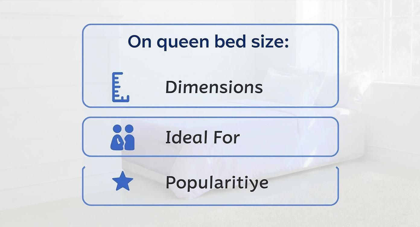 A graphic outlining information on queen bed size, including dimensions, ideal use, and popularity.