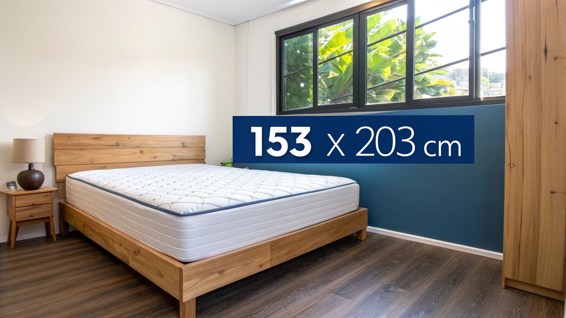 A stylish queen-size bed with elegant bedding in a well-lit bedroom.