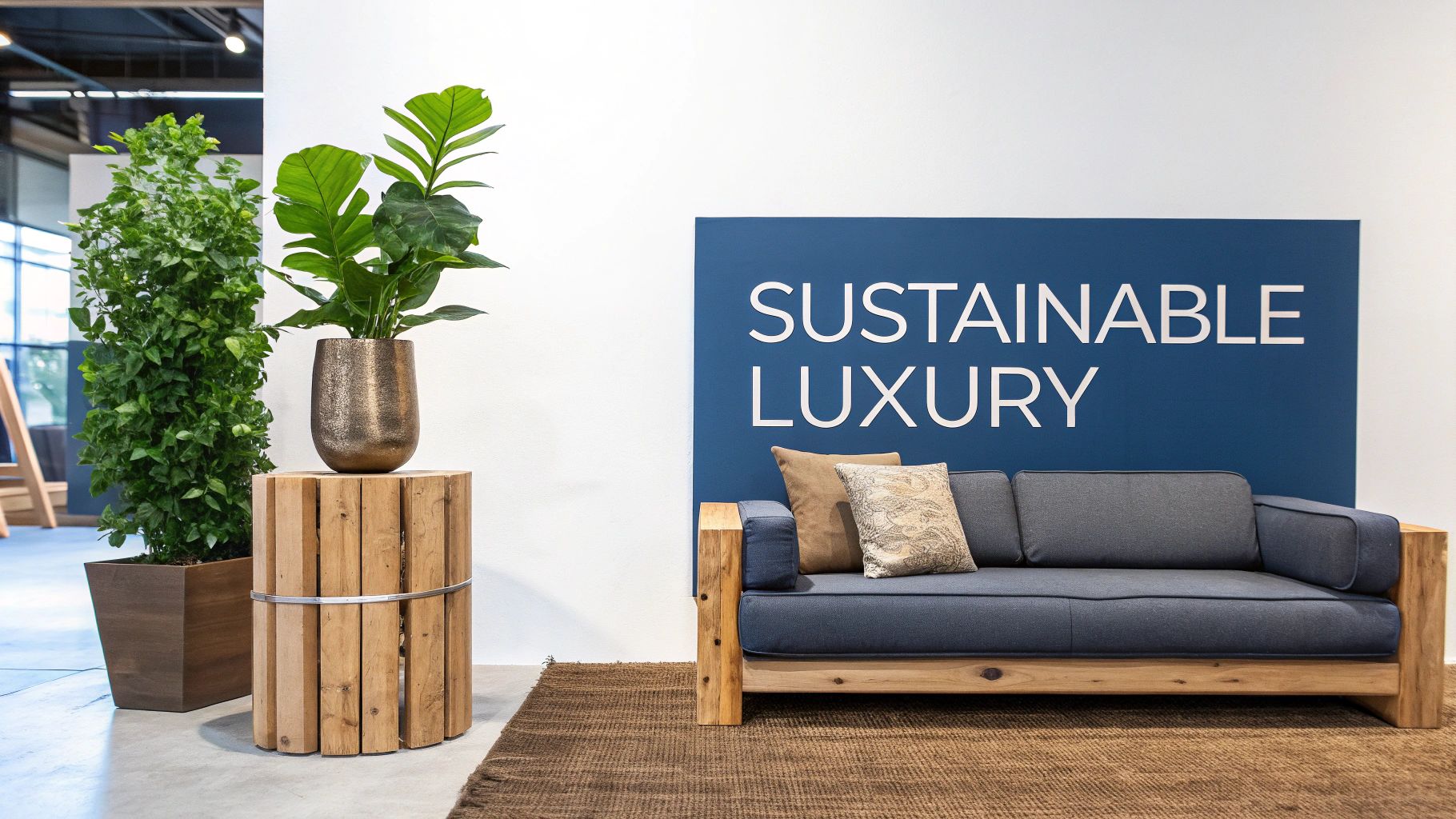 A minimalist lounge area with a blue sofa, plants, wooden furniture, and a 'Sustainable Luxury' sign.